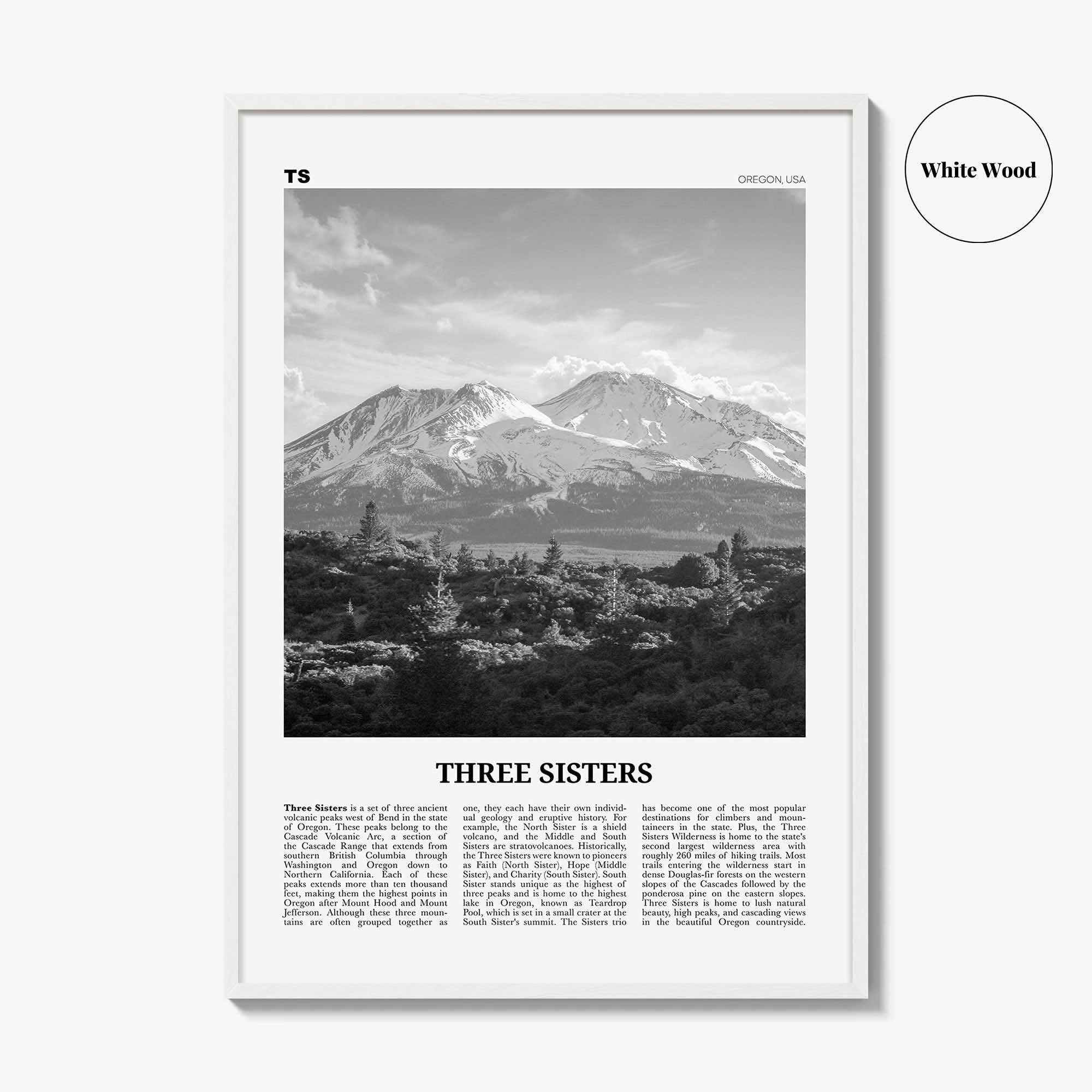 Three Sisters Print Black and White, Three Sisters Wall Art, Three Sisters Poster, Three Sisters Photo, Three Sisters Wall Décor, Oregon