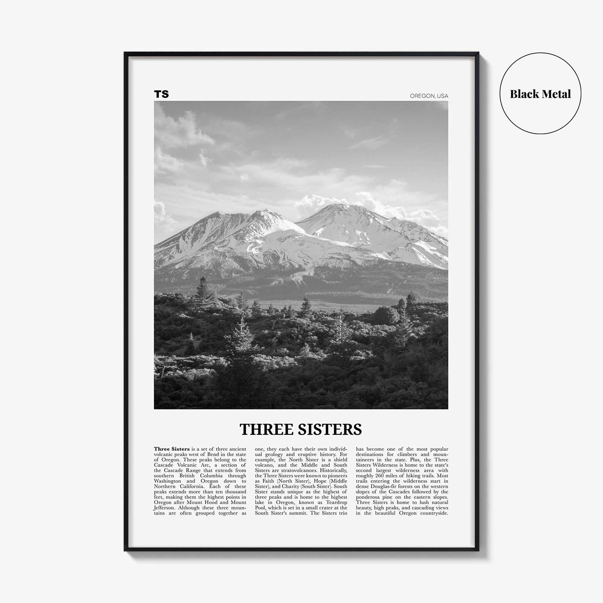 Three Sisters Print Black and White, Three Sisters Wall Art, Three Sisters Poster, Three Sisters Photo, Three Sisters Wall Décor, Oregon