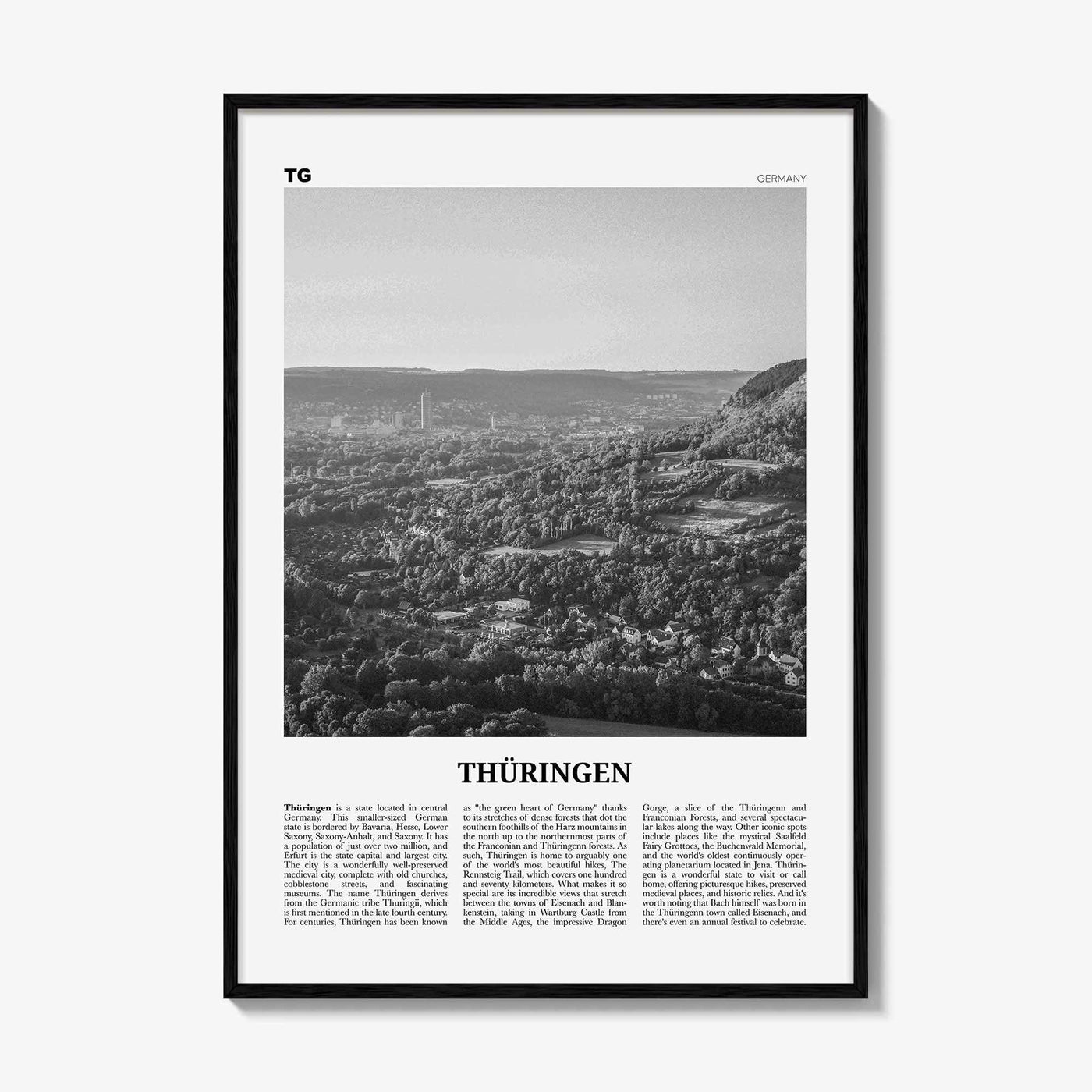 Thuringen Print Black and White, Thüringen Wall Art, Thüringen Poster, Thüringen Photo, Thüringen Wall Décor, Thüringen Map, Germany