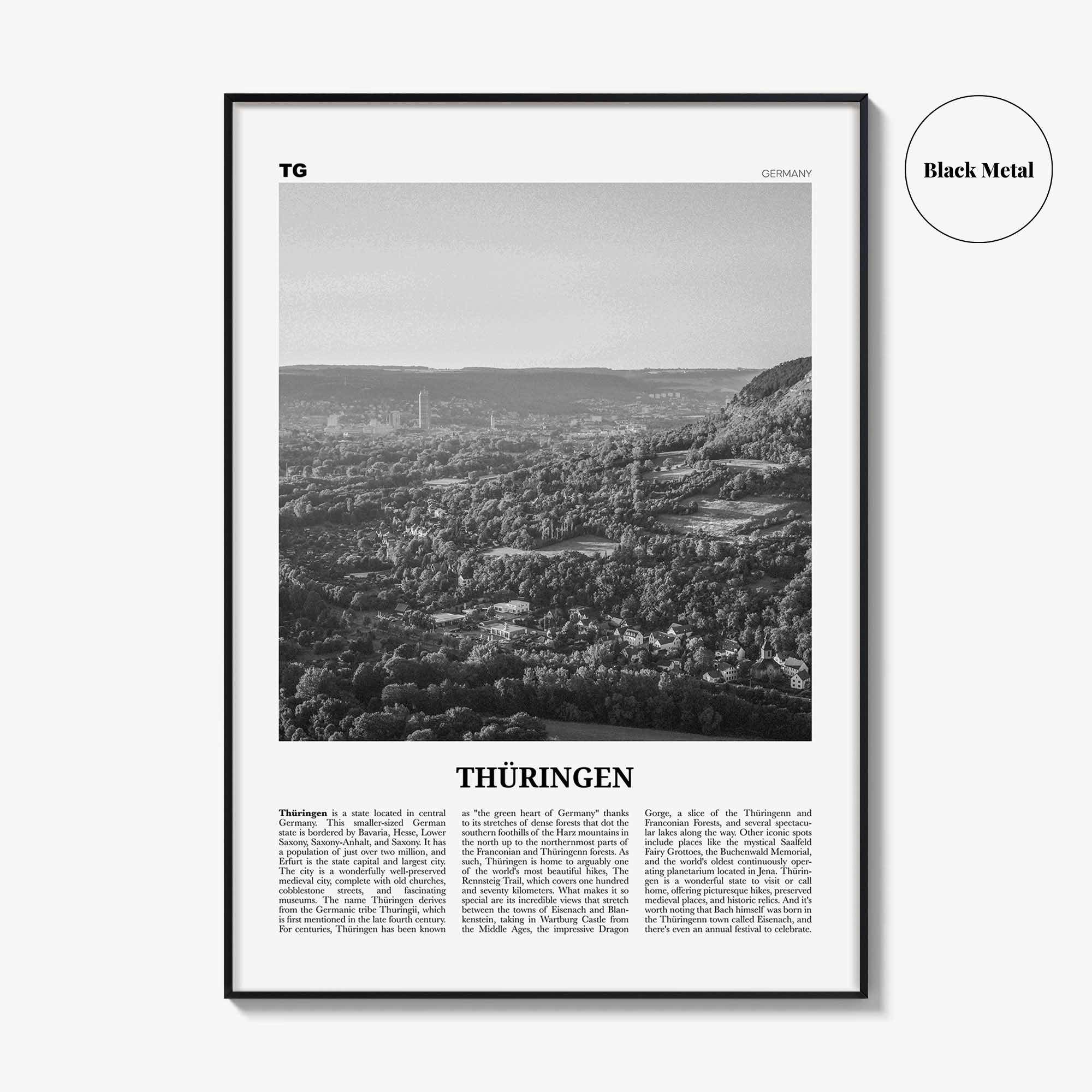 Thuringen Print Black and White, Thüringen Wall Art, Thüringen Poster, Thüringen Photo, Thüringen Wall Décor, Thüringen Map, Germany