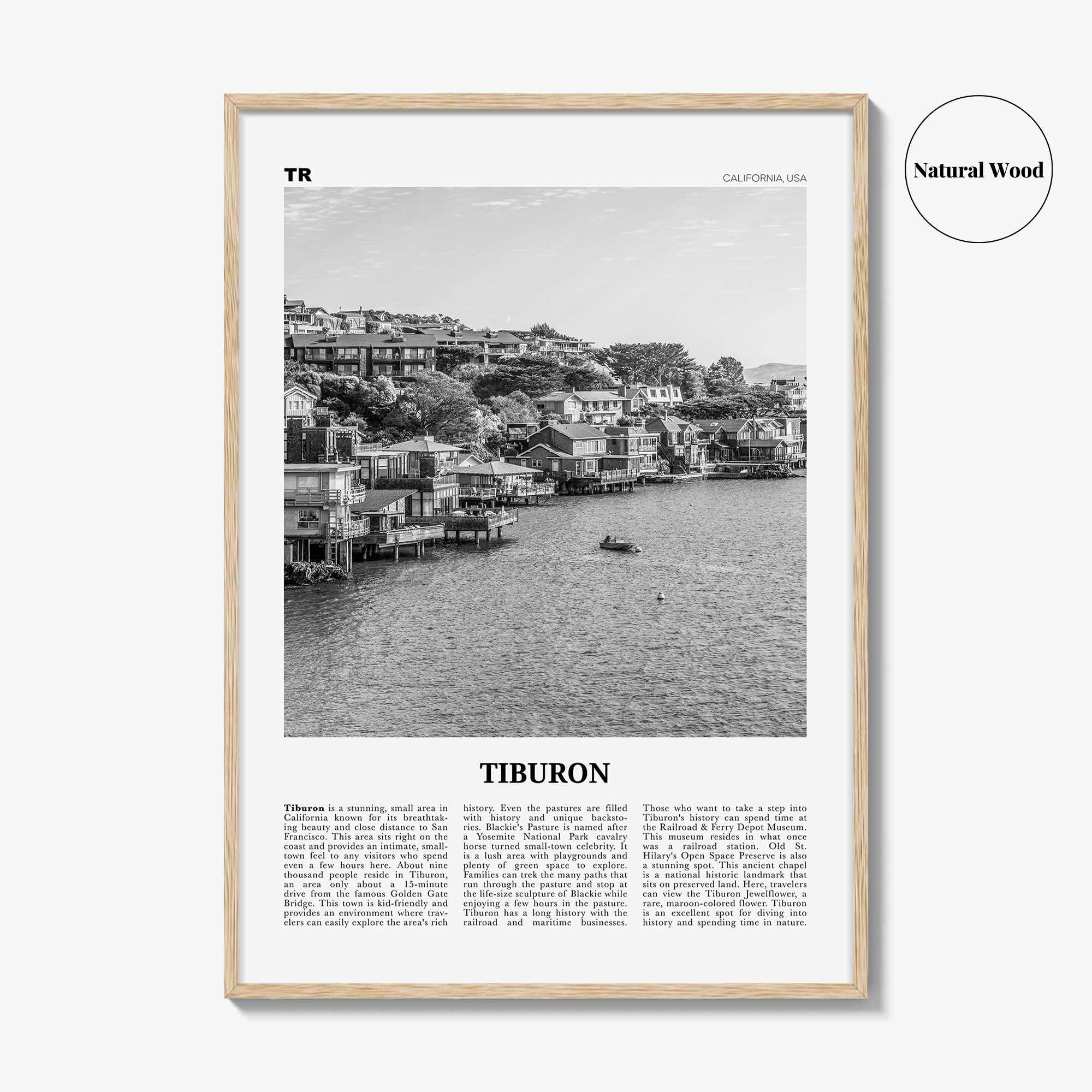 Tiburon Print Black and White, Tiburon Wall Art, Tiburon Poster, Tiburon Photo, Tiburon Wall Décor, Tiburon Map, California, USA