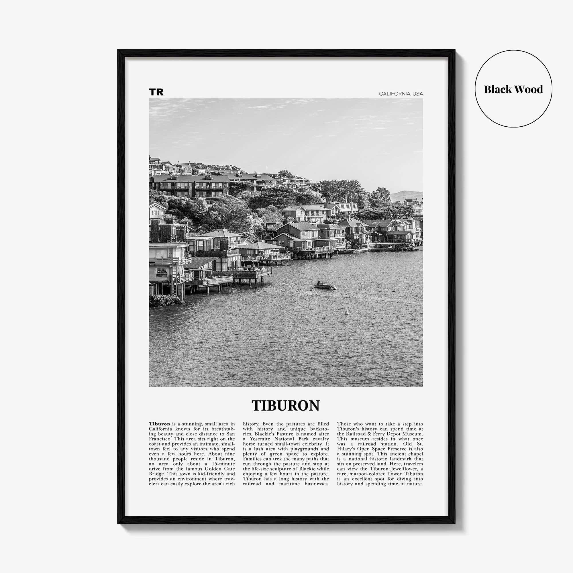 Tiburon Print Black and White, Tiburon Wall Art, Tiburon Poster, Tiburon Photo, Tiburon Wall Décor, Tiburon Map, California, USA