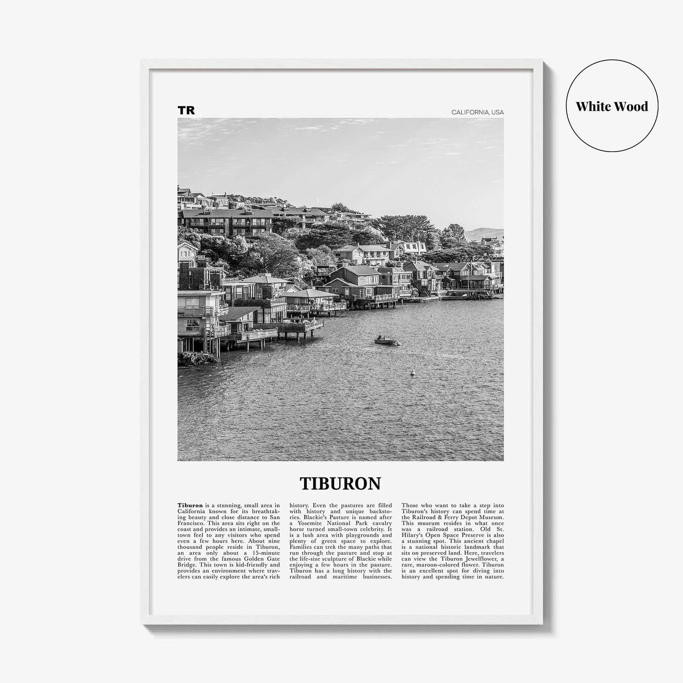 Tiburon Print Black and White, Tiburon Wall Art, Tiburon Poster, Tiburon Photo, Tiburon Wall Décor, Tiburon Map, California, USA