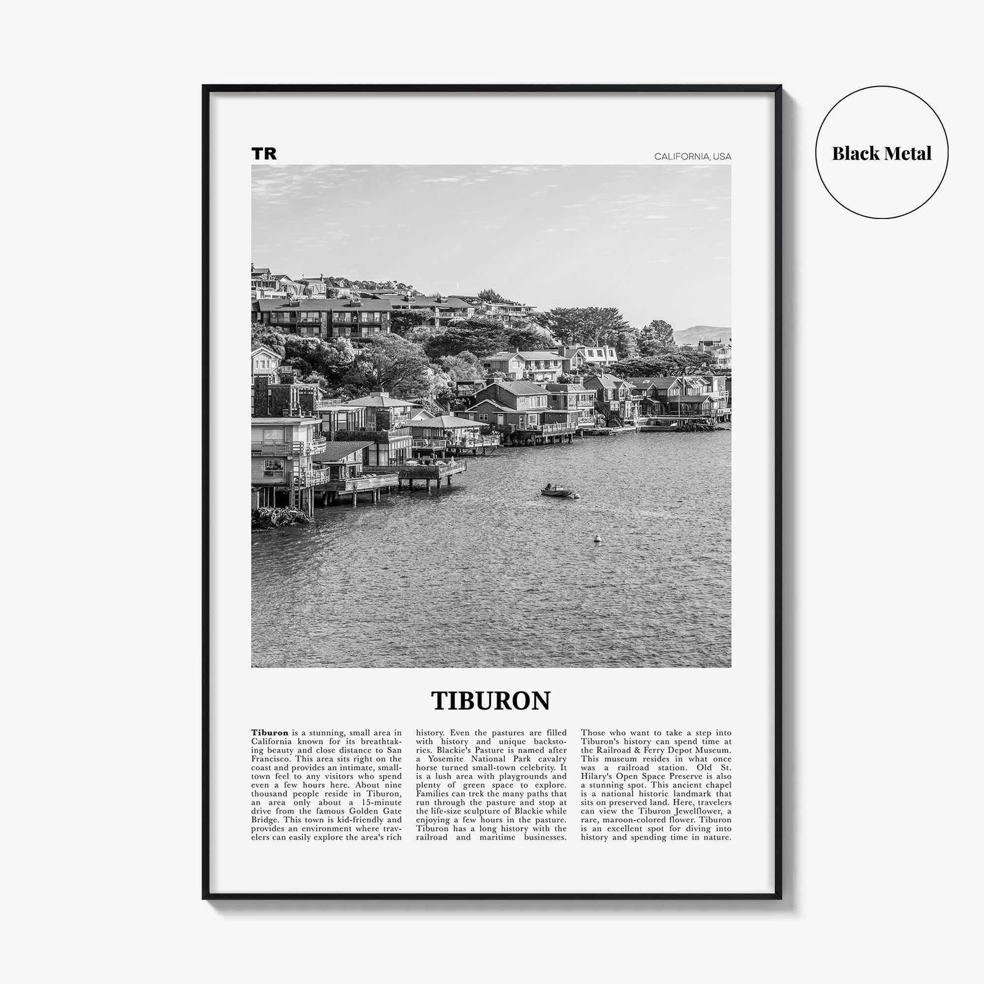 Tiburon Print Black and White, Tiburon Wall Art, Tiburon Poster, Tiburon Photo, Tiburon Wall Décor, Tiburon Map, California, USA