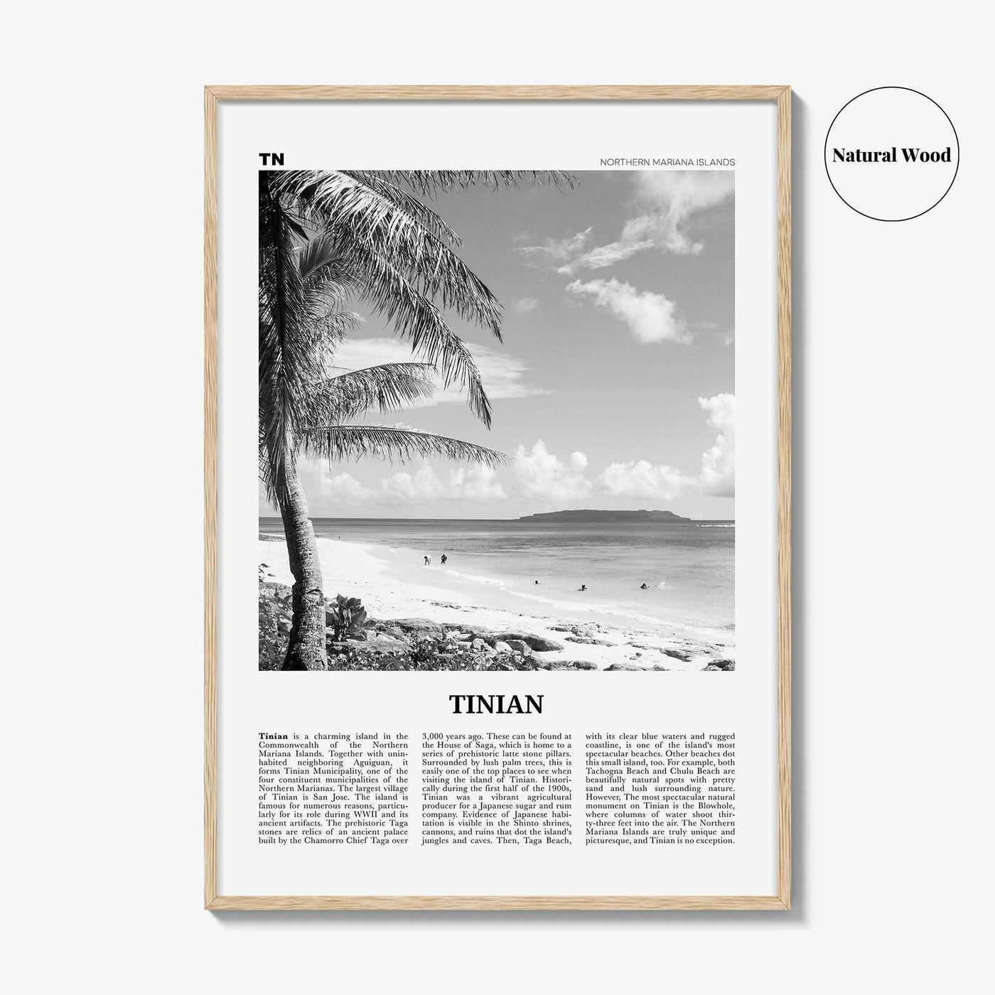 Tinian Print Black and White, Tinian Wall Art, Tinian Poster, Tinian Photo, Tinian Wall Décor, Tinian Map, Northern Mariana Islands