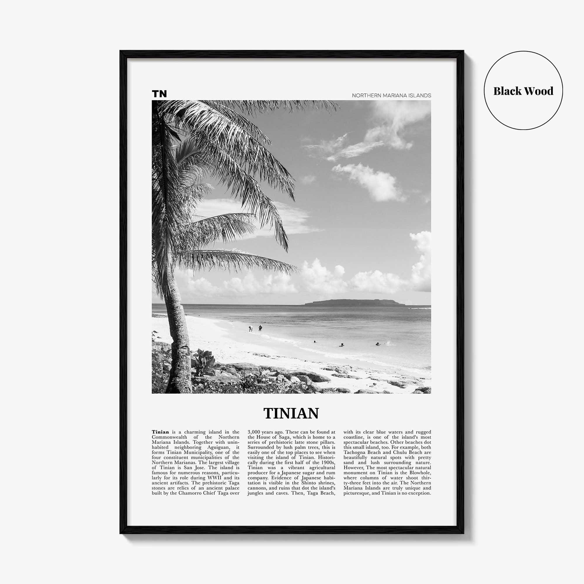 Tinian Print Black and White, Tinian Wall Art, Tinian Poster, Tinian Photo, Tinian Wall Décor, Tinian Map, Northern Mariana Islands