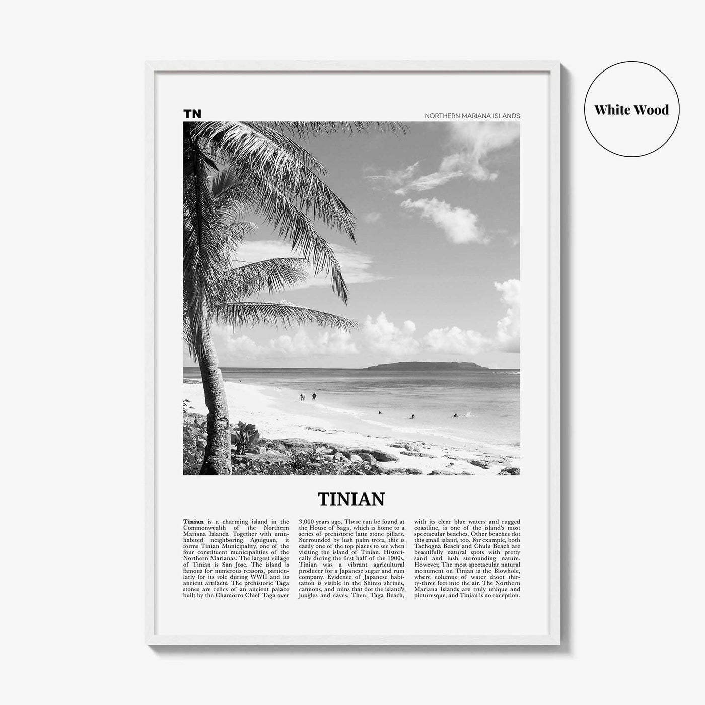 Tinian Print Black and White, Tinian Wall Art, Tinian Poster, Tinian Photo, Tinian Wall Décor, Tinian Map, Northern Mariana Islands