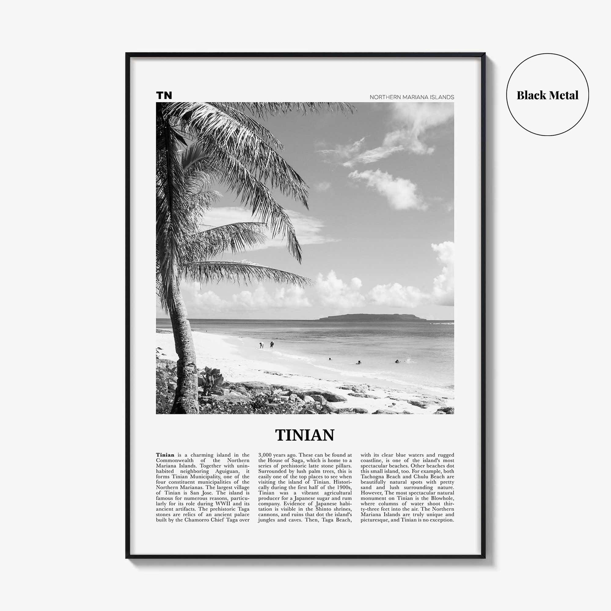 Tinian Print Black and White, Tinian Wall Art, Tinian Poster, Tinian Photo, Tinian Wall Décor, Tinian Map, Northern Mariana Islands
