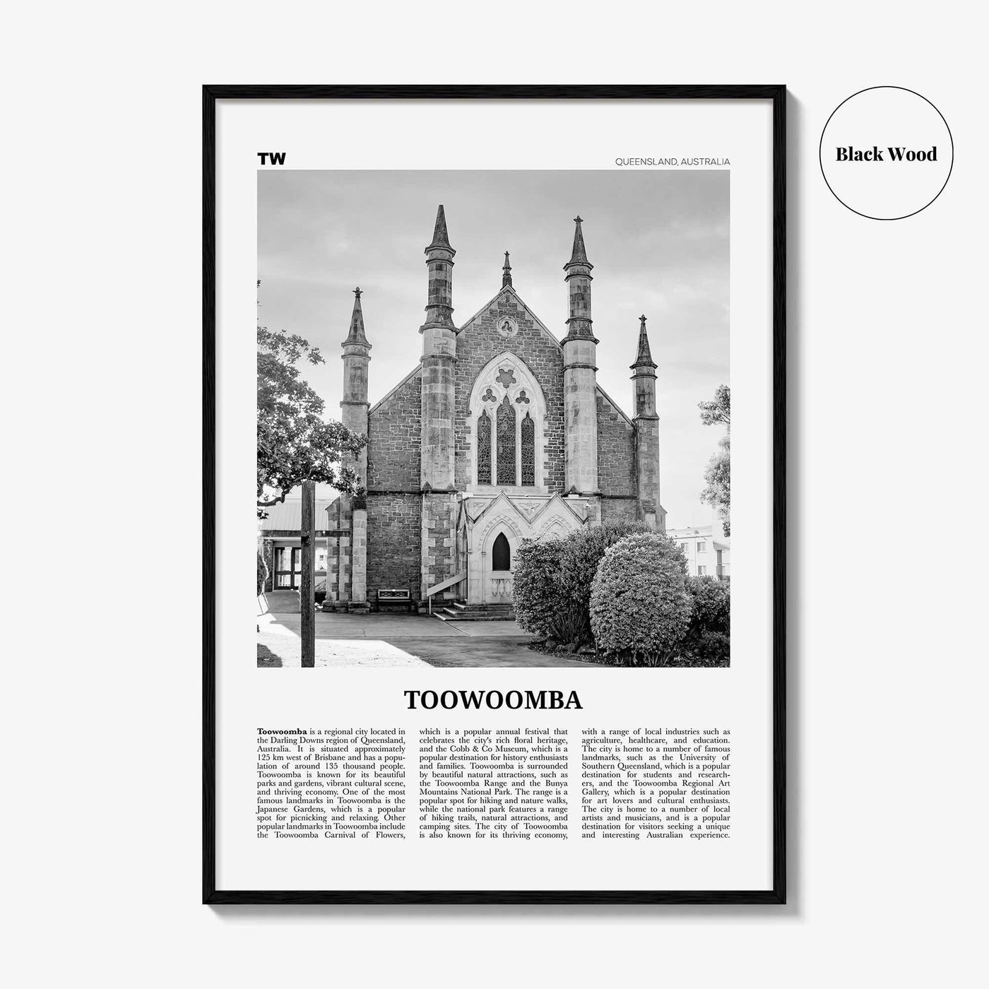 Toowoomba Print Black and White, Toowoomba Wall Art, Toowoomba Poster, Toowoomba Photo, Toowoomba Wall Décor, Toowoomba Map, Australia