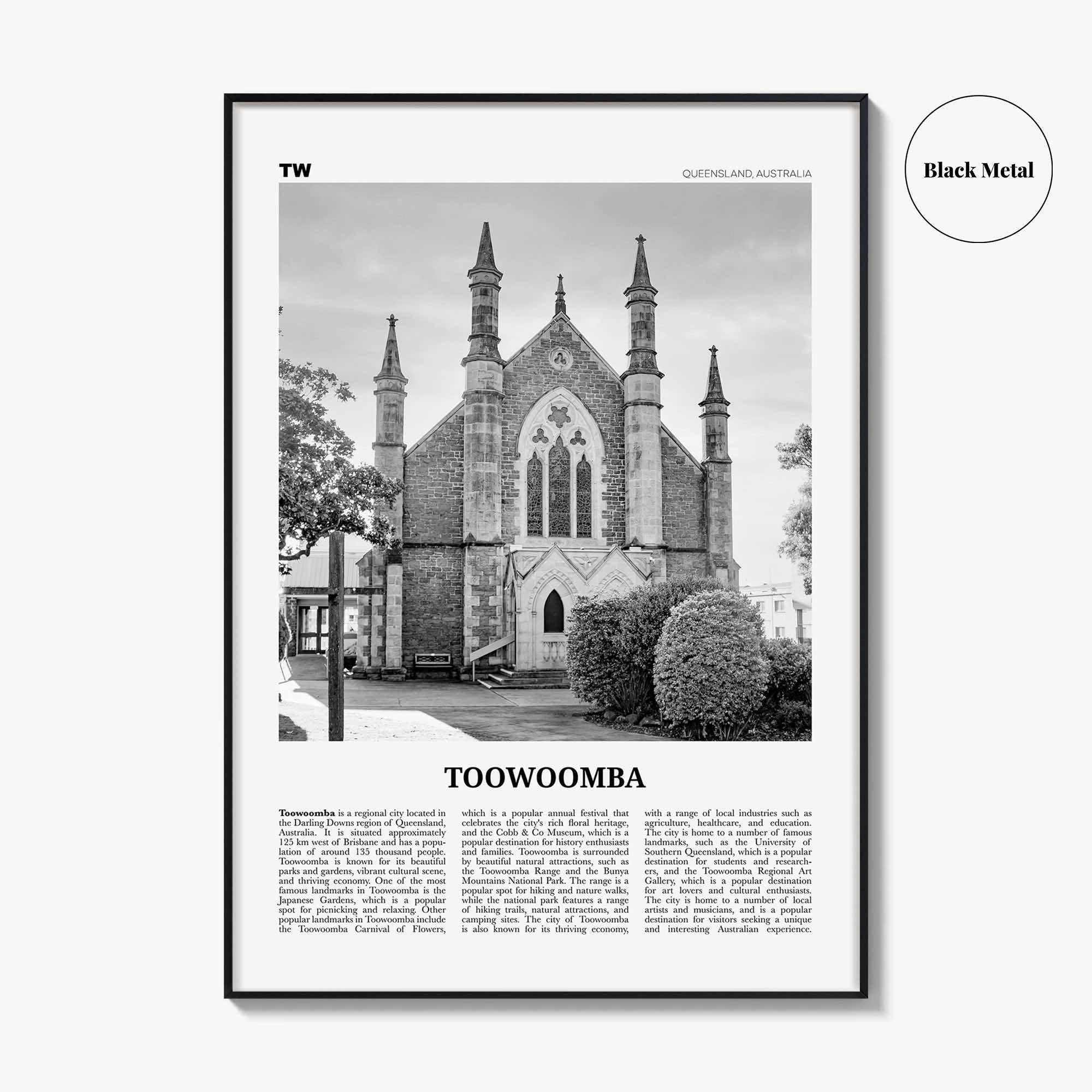 Toowoomba Print Black and White, Toowoomba Wall Art, Toowoomba Poster, Toowoomba Photo, Toowoomba Wall Décor, Toowoomba Map, Australia