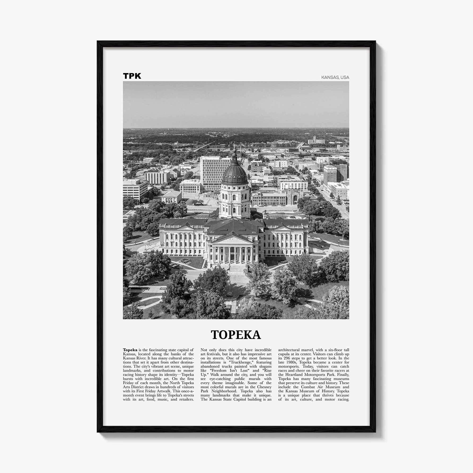 Topeka Print Black and White, Topeka Wall Art, Topeka Poster, Topeka Photo, Topeka Wall Décor, Topeka Map, Kansas, USA