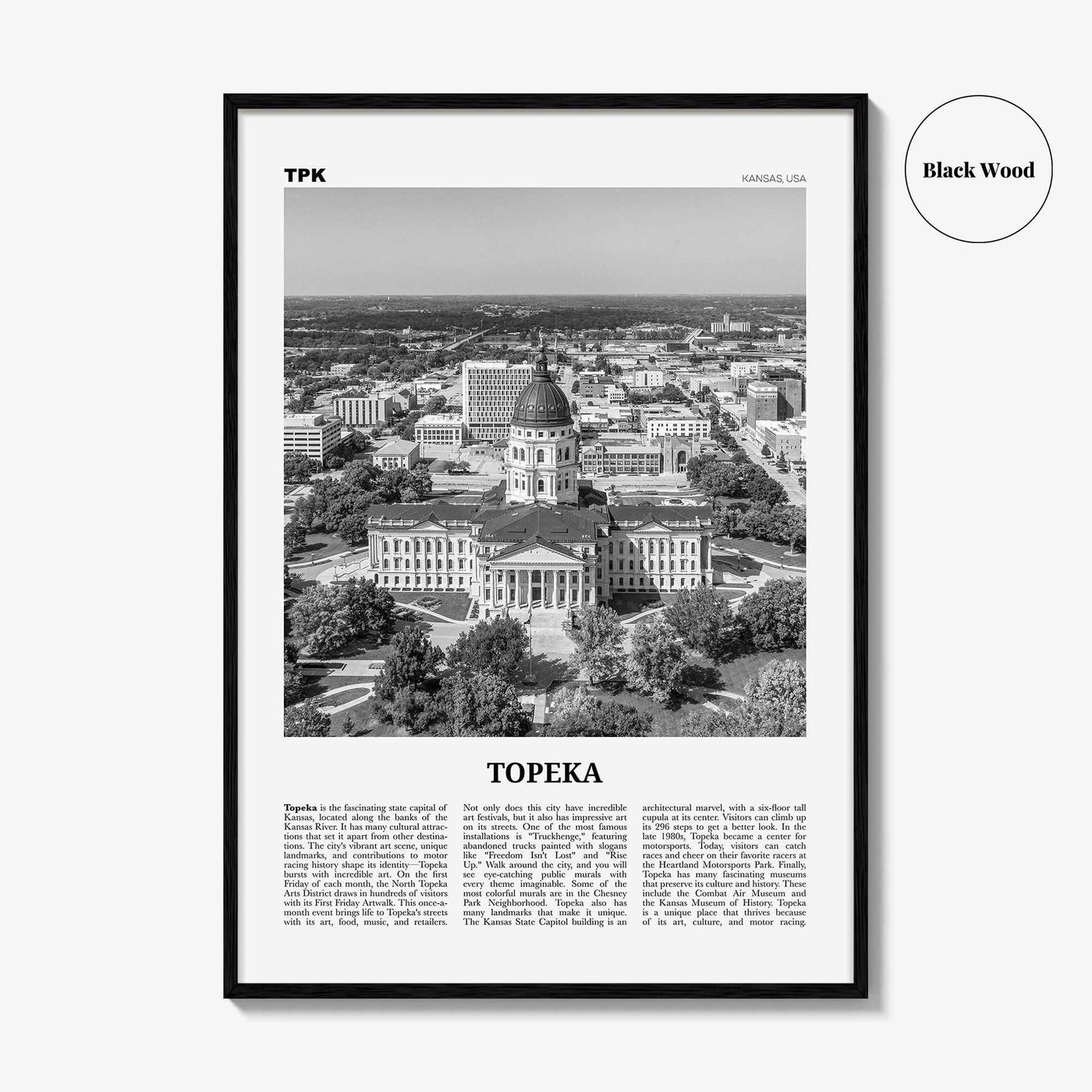 Topeka Print Black and White, Topeka Wall Art, Topeka Poster, Topeka Photo, Topeka Wall Décor, Topeka Map, Kansas, USA