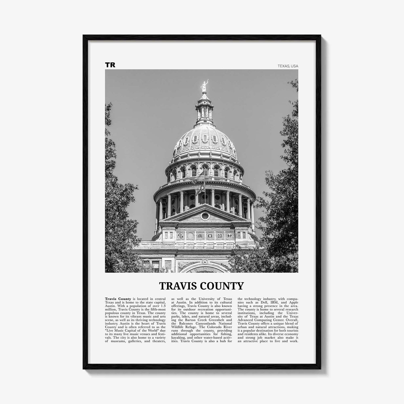 Travis County Print Black and White, Travis County Wall Art, Travis County Poster, Travis County Photo, Travis County Wall Décor, Travis Map