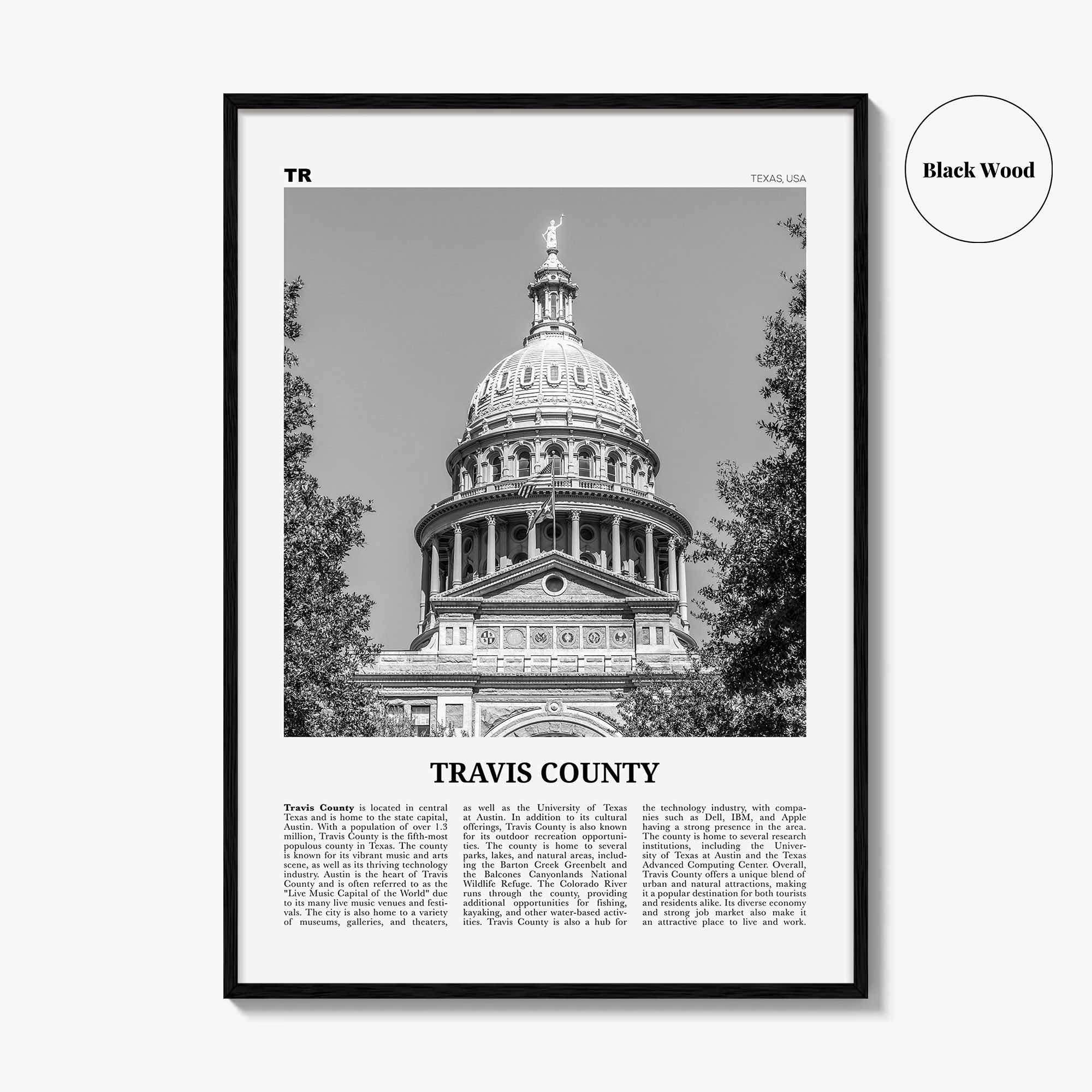 Travis County Print Black and White, Travis County Wall Art, Travis County Poster, Travis County Photo, Travis County Wall Décor, Travis Map