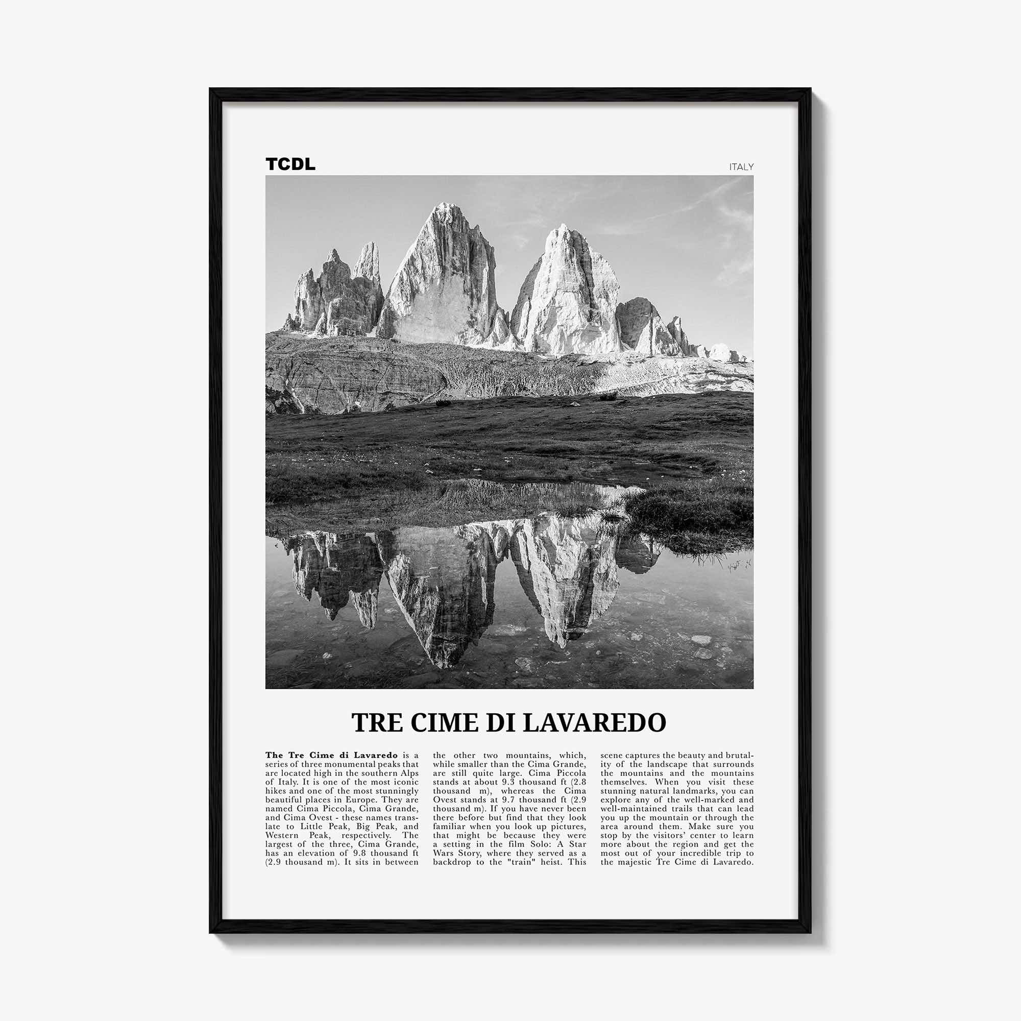 Tre Cime di Lavaredo Print Black and White, Tre Cime di Lavaredo Wall Art, Tre Cime di Lavaredo Poster, Tre Cime di Lavaredo Photo, Italy