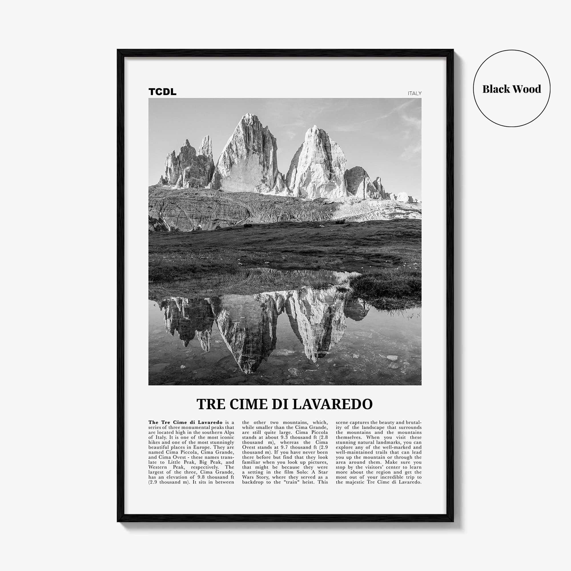Tre Cime di Lavaredo Print Black and White, Tre Cime di Lavaredo Wall Art, Tre Cime di Lavaredo Poster, Tre Cime di Lavaredo Photo, Italy