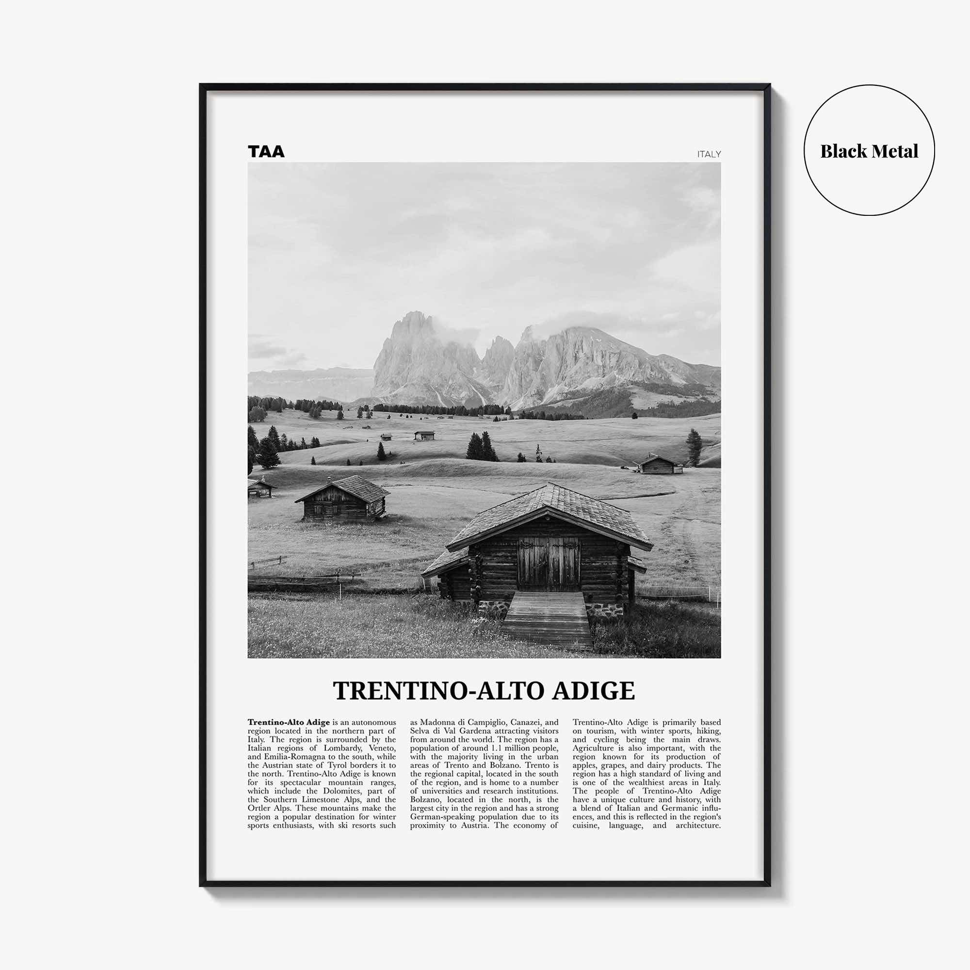 Trentino Alto Adige Print Black and White, Trentino-Alto Adige Wall Art, Trentino-Alto Adige Poster, Trentino-Alto Adige Photo, Décor, Map