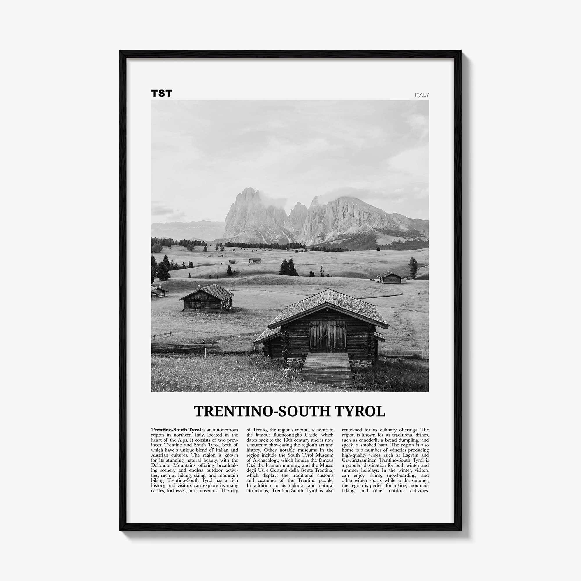 Trentino South Tyrol Print Black and White, Trentino South Tyrol Wall Art, Trentino Poster, Photo, Wall Décor, Trentino South Tyrol Map