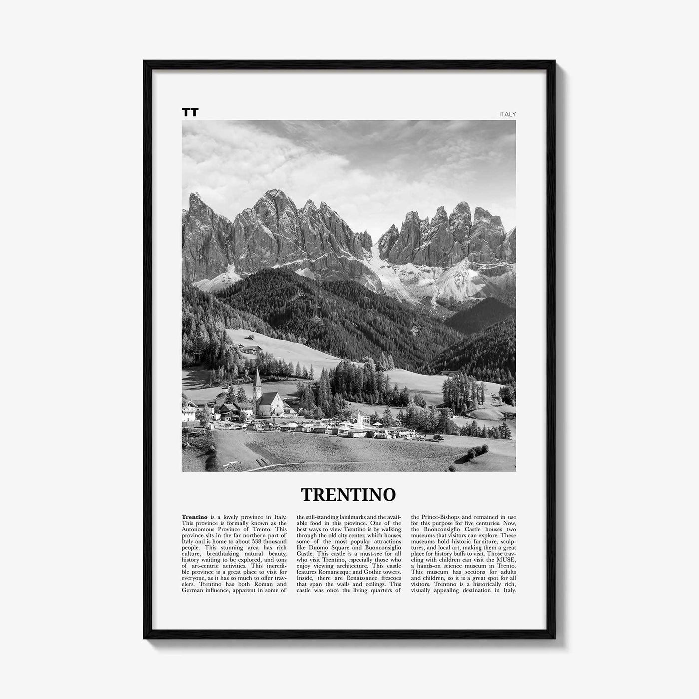 Trentino Print Black and White, Trentino Wall Art, Trentino Poster, Trentino Photo, Trentino Wall Décor, Trentino Map, Italy