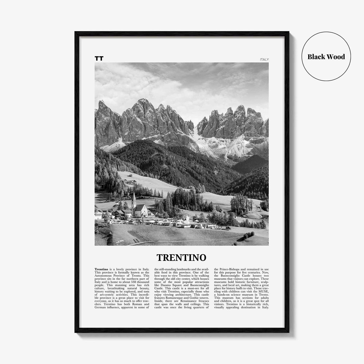 Trentino Print Black and White, Trentino Wall Art, Trentino Poster, Trentino Photo, Trentino Wall Décor, Trentino Map, Italy