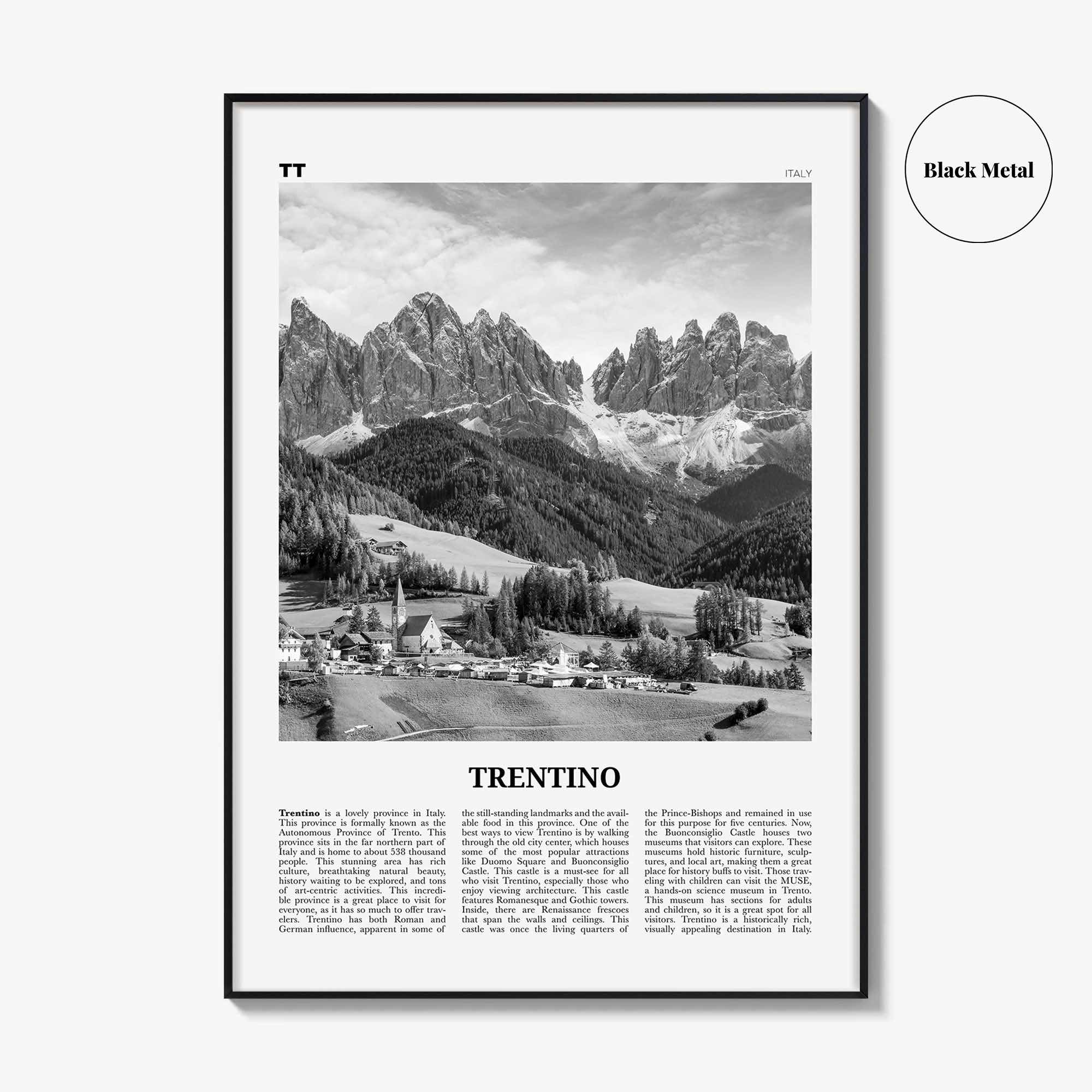 Trentino Print Black and White, Trentino Wall Art, Trentino Poster, Trentino Photo, Trentino Wall Décor, Trentino Map, Italy