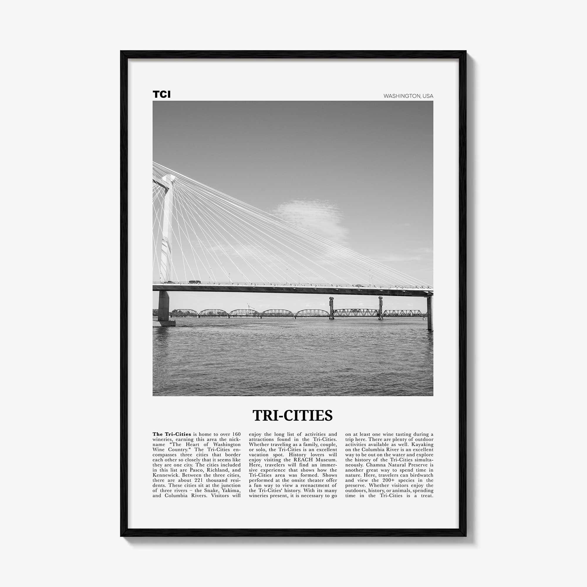 Tri Cities Print Black and White, Tri-Cities Wall Art, Tri-Cities Poster, Tri-Cities Photo, Tri-Cities Décor, Tri-Cities Map, Washington USA