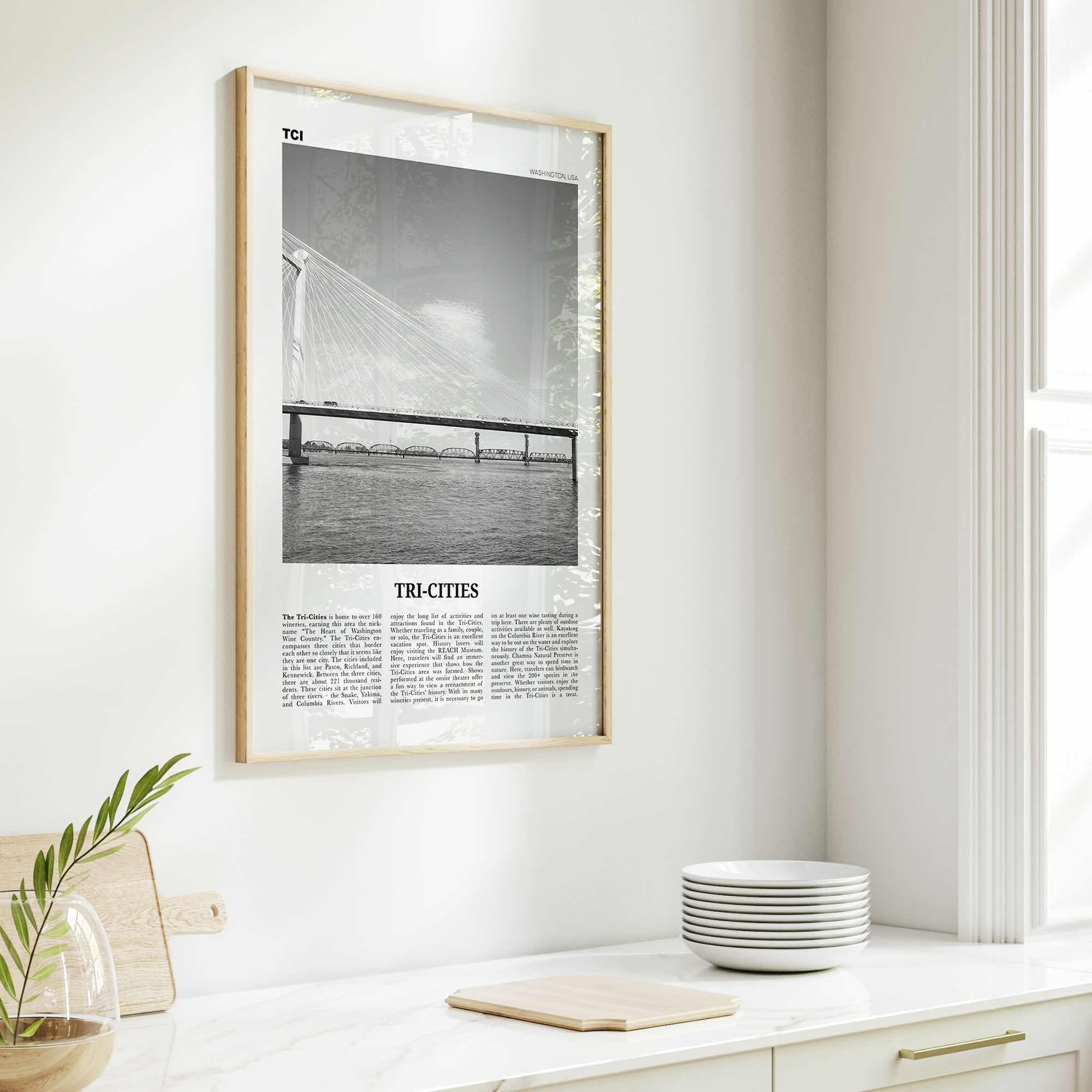 Tri Cities Print Black and White, Tri-Cities Wall Art, Tri-Cities Poster, Tri-Cities Photo, Tri-Cities Décor, Tri-Cities Map, Washington USA