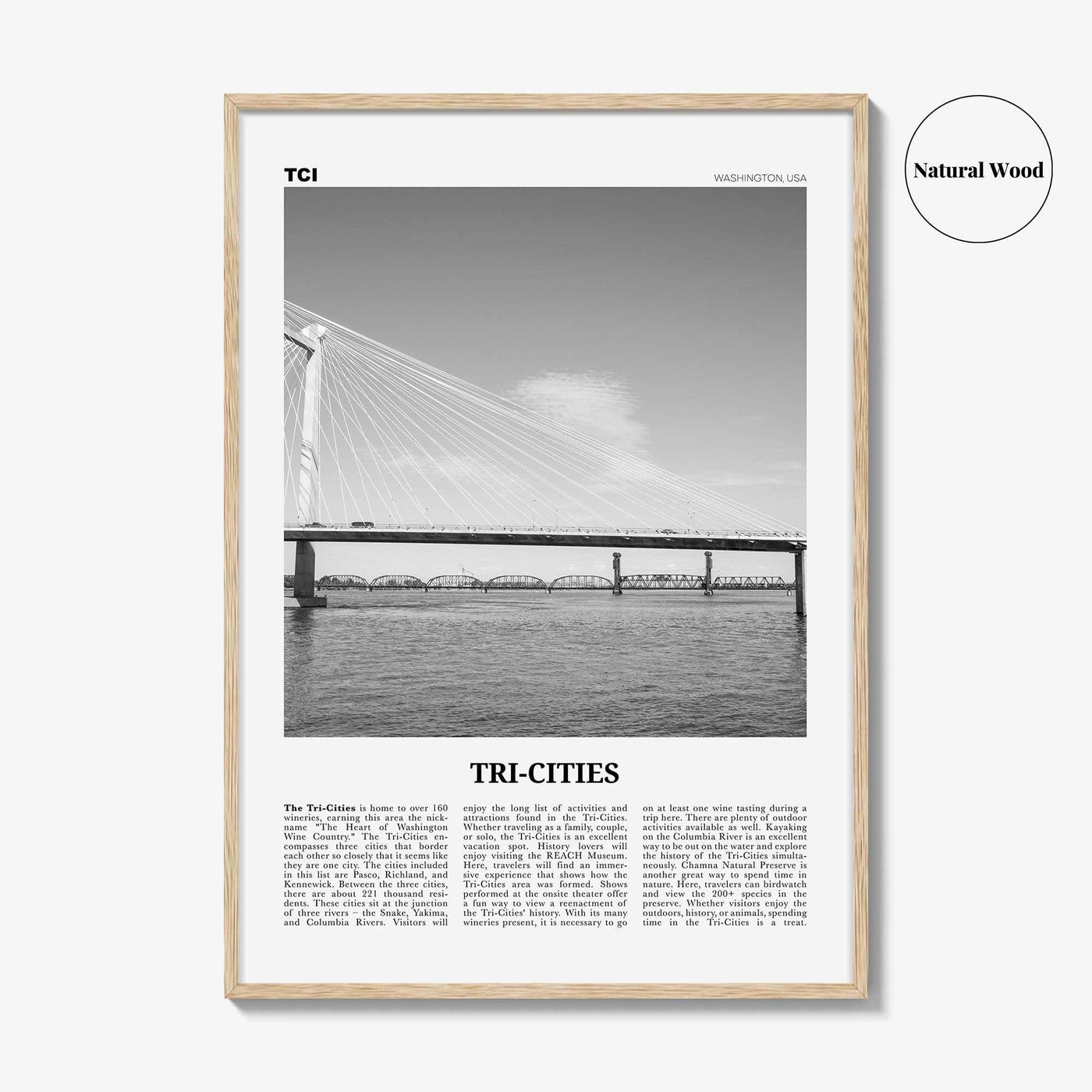 Tri Cities Print Black and White, Tri-Cities Wall Art, Tri-Cities Poster, Tri-Cities Photo, Tri-Cities Décor, Tri-Cities Map, Washington USA