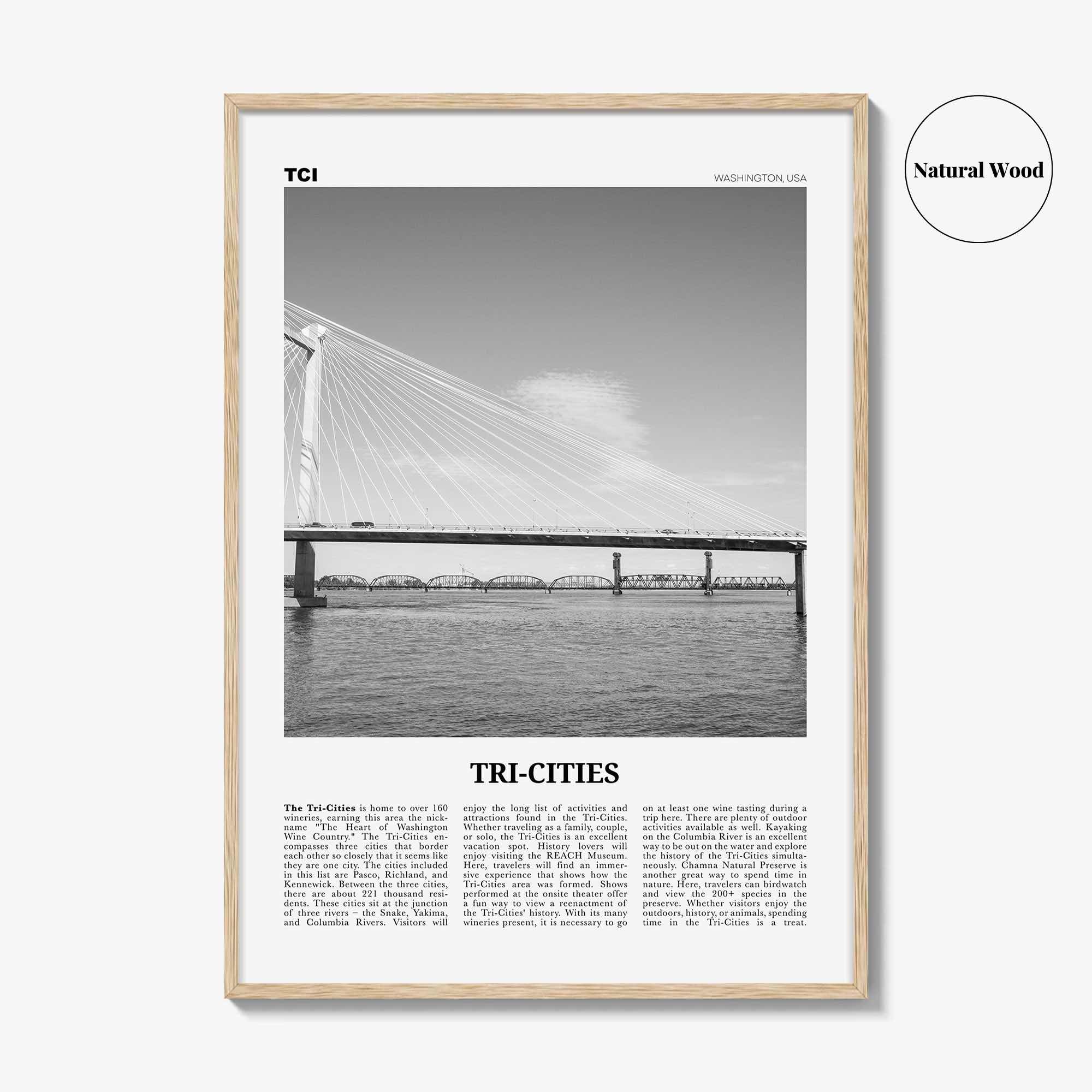 Tri Cities Print Black and White, Tri-Cities Wall Art, Tri-Cities Poster, Tri-Cities Photo, Tri-Cities Décor, Tri-Cities Map, Washington USA