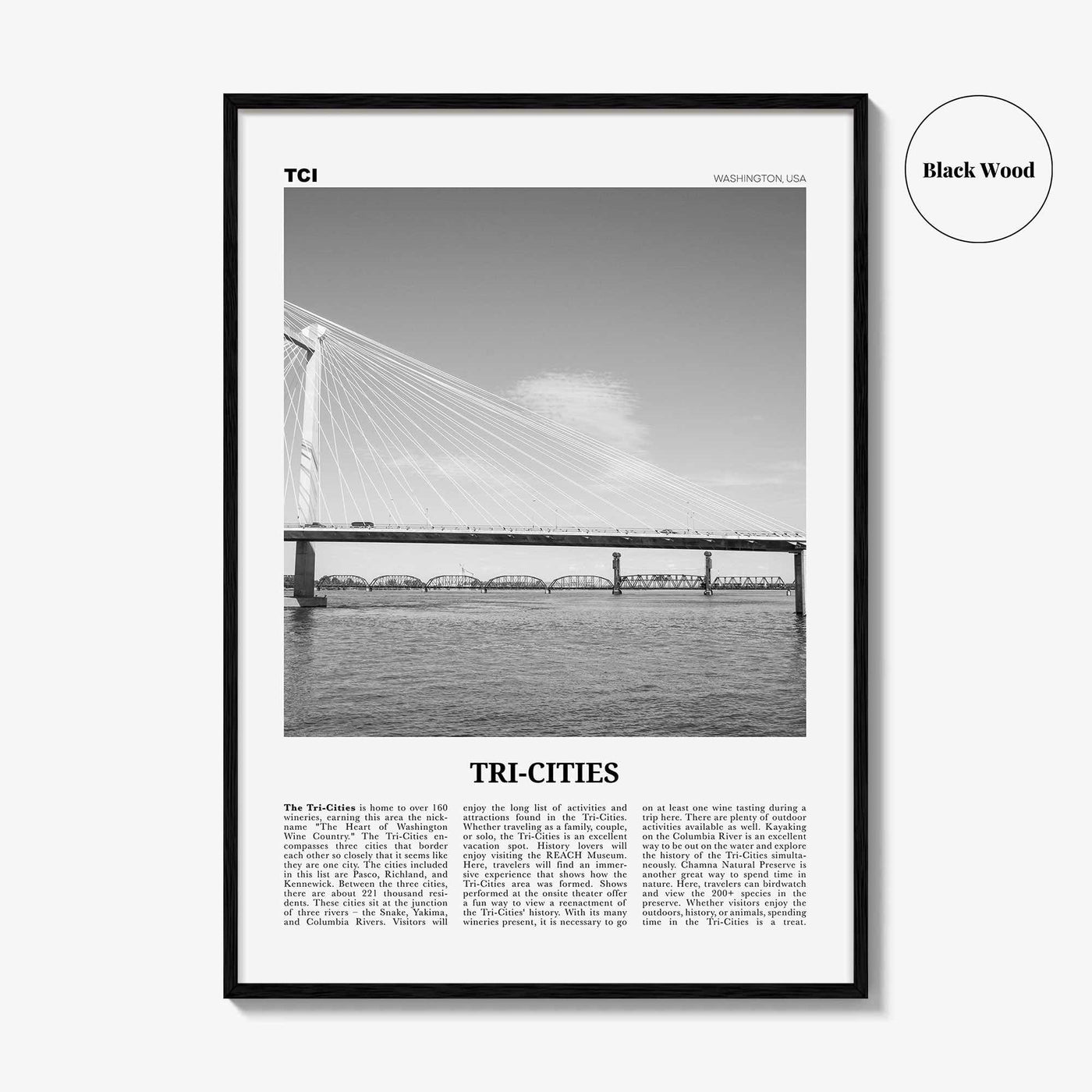 Tri Cities Print Black and White, Tri-Cities Wall Art, Tri-Cities Poster, Tri-Cities Photo, Tri-Cities Décor, Tri-Cities Map, Washington USA