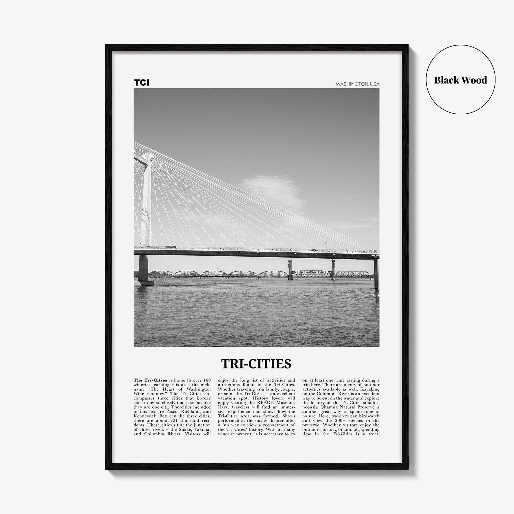 Tri Cities Print Black and White, Tri-Cities Wall Art, Tri-Cities Poster, Tri-Cities Photo, Tri-Cities Décor, Tri-Cities Map, Washington USA