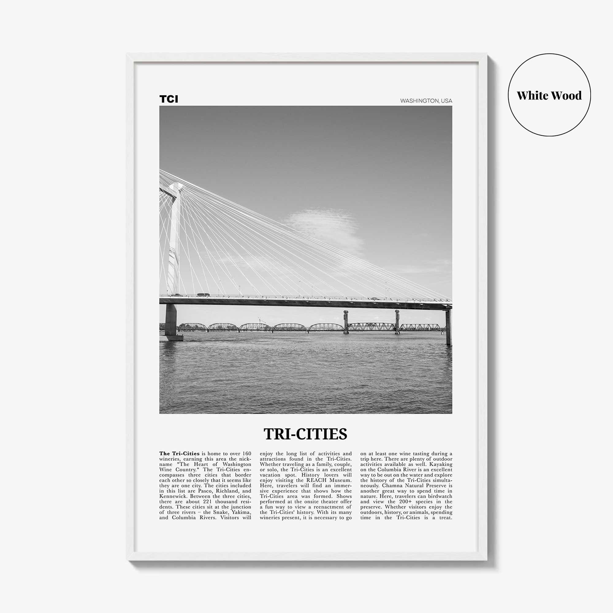 Tri Cities Print Black and White, Tri-Cities Wall Art, Tri-Cities Poster, Tri-Cities Photo, Tri-Cities Décor, Tri-Cities Map, Washington USA