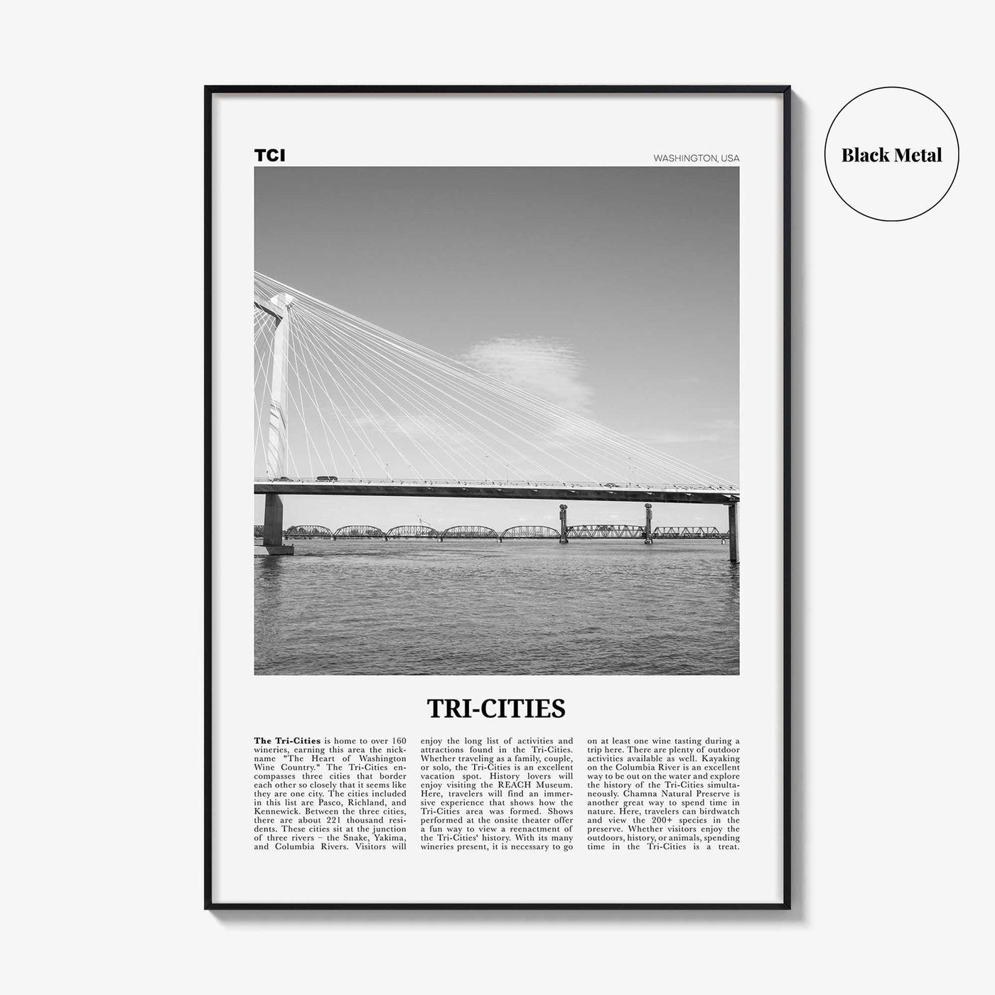 Tri Cities Print Black and White, Tri-Cities Wall Art, Tri-Cities Poster, Tri-Cities Photo, Tri-Cities Décor, Tri-Cities Map, Washington USA