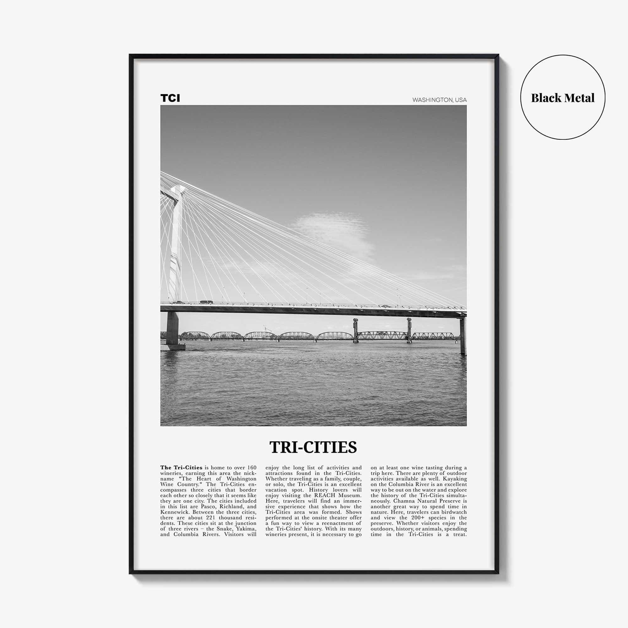 Tri Cities Print Black and White, Tri-Cities Wall Art, Tri-Cities Poster, Tri-Cities Photo, Tri-Cities Décor, Tri-Cities Map, Washington USA