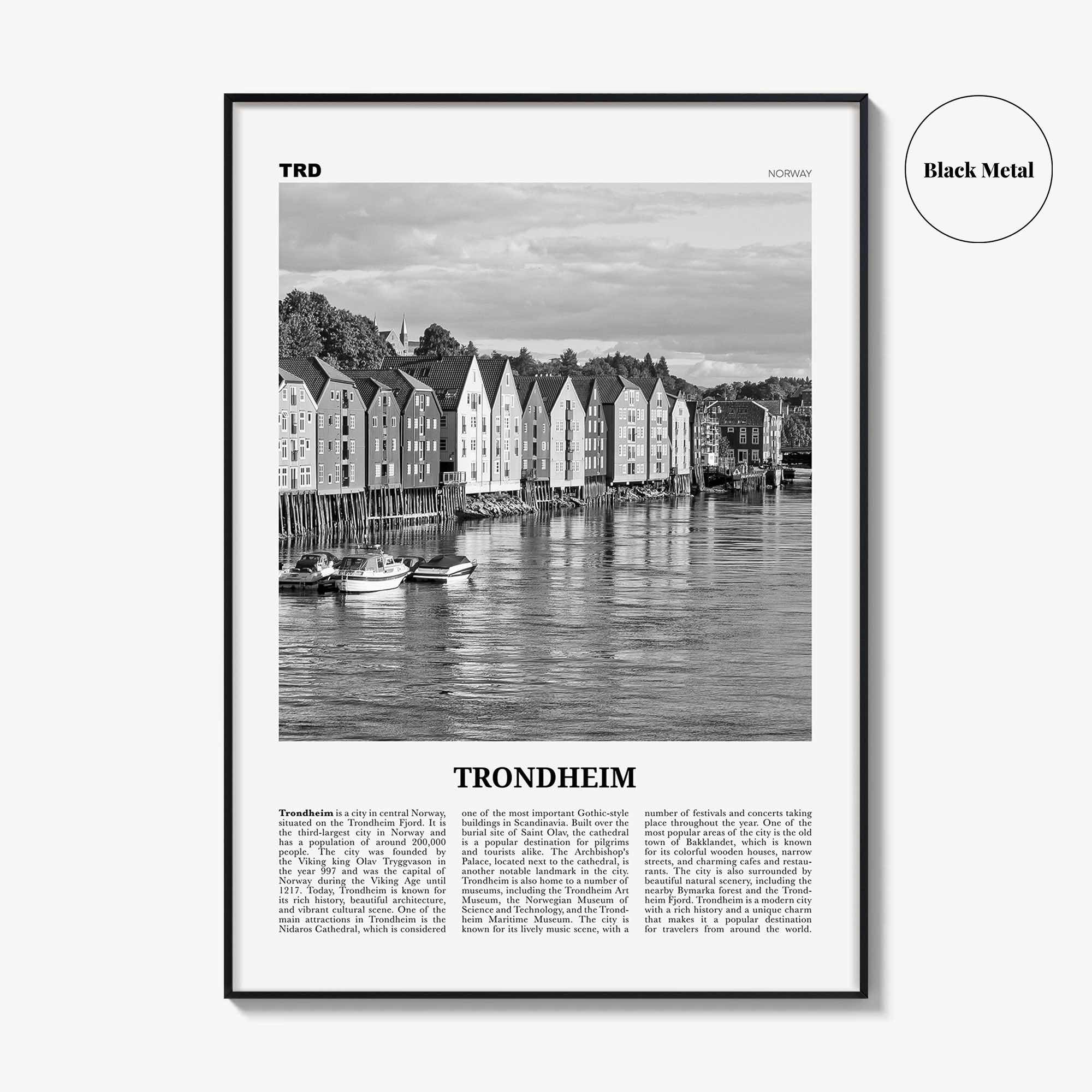 Trondheim Print Black and White, Trondheim Wall Art, Trondheim Poster, Trondheim Photo, Trondheim Wall Décor, Trondheim Map, Norway