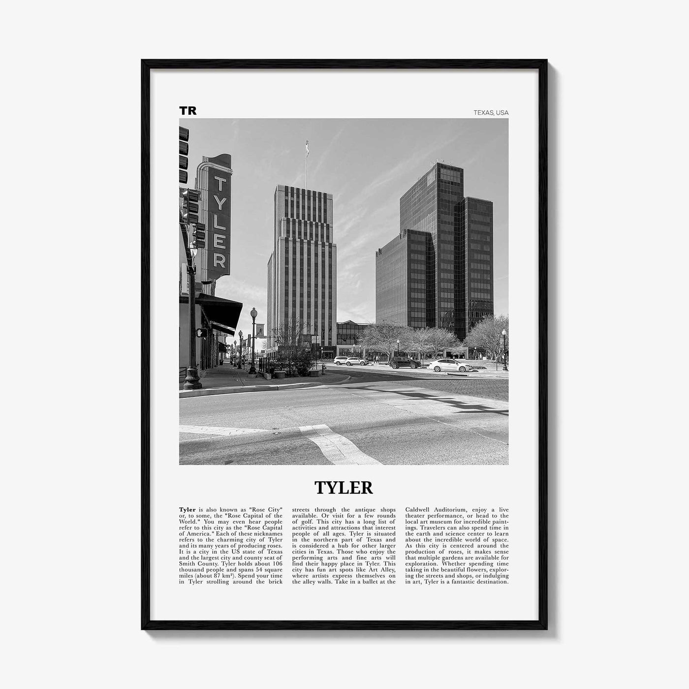 Tyler Print Black and White, Tyler Wall Art, Tyler Poster, Tyler Photo, Tyler Wall Décor, Tyler Map, Texas, USA