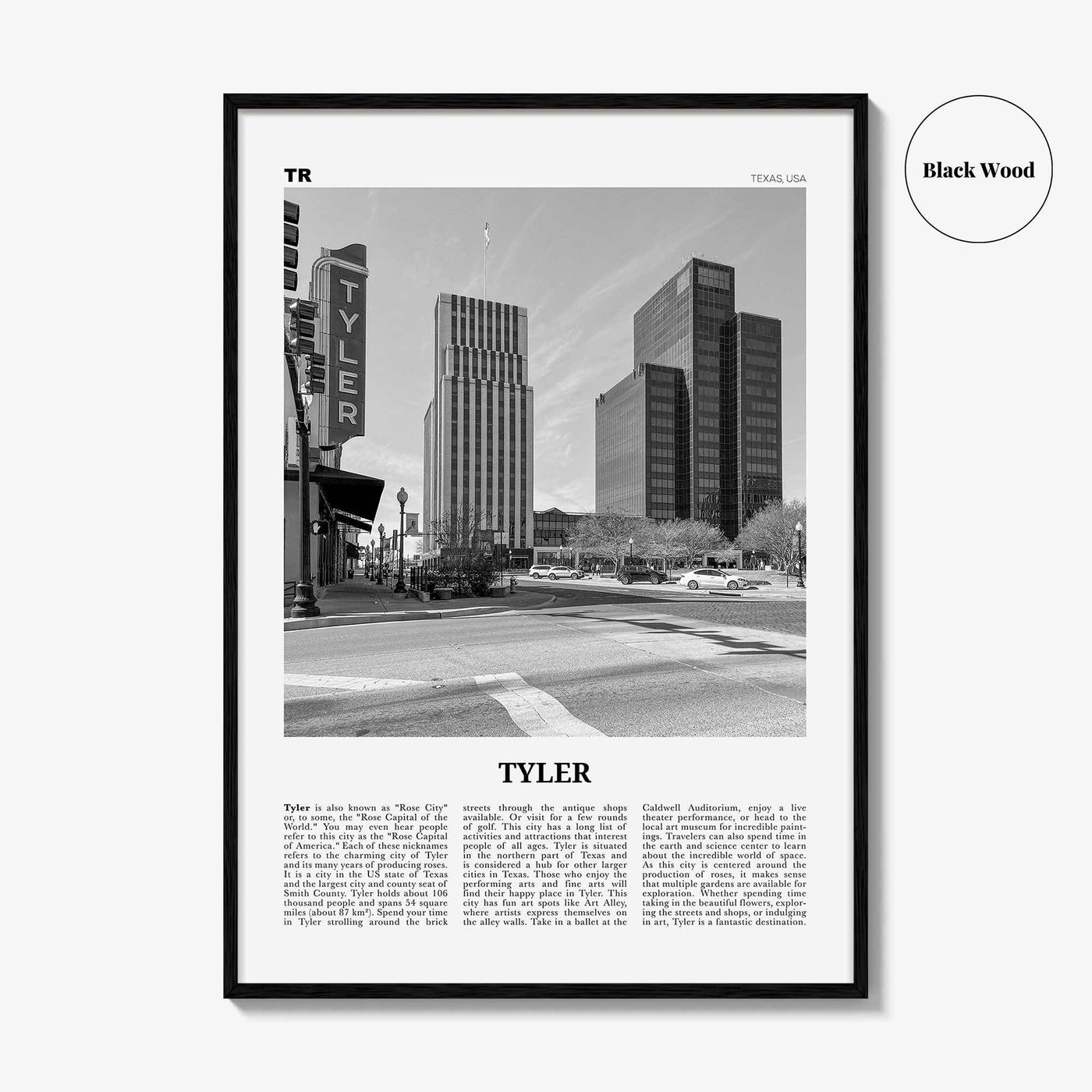 Tyler Print Black and White, Tyler Wall Art, Tyler Poster, Tyler Photo, Tyler Wall Décor, Tyler Map, Texas, USA