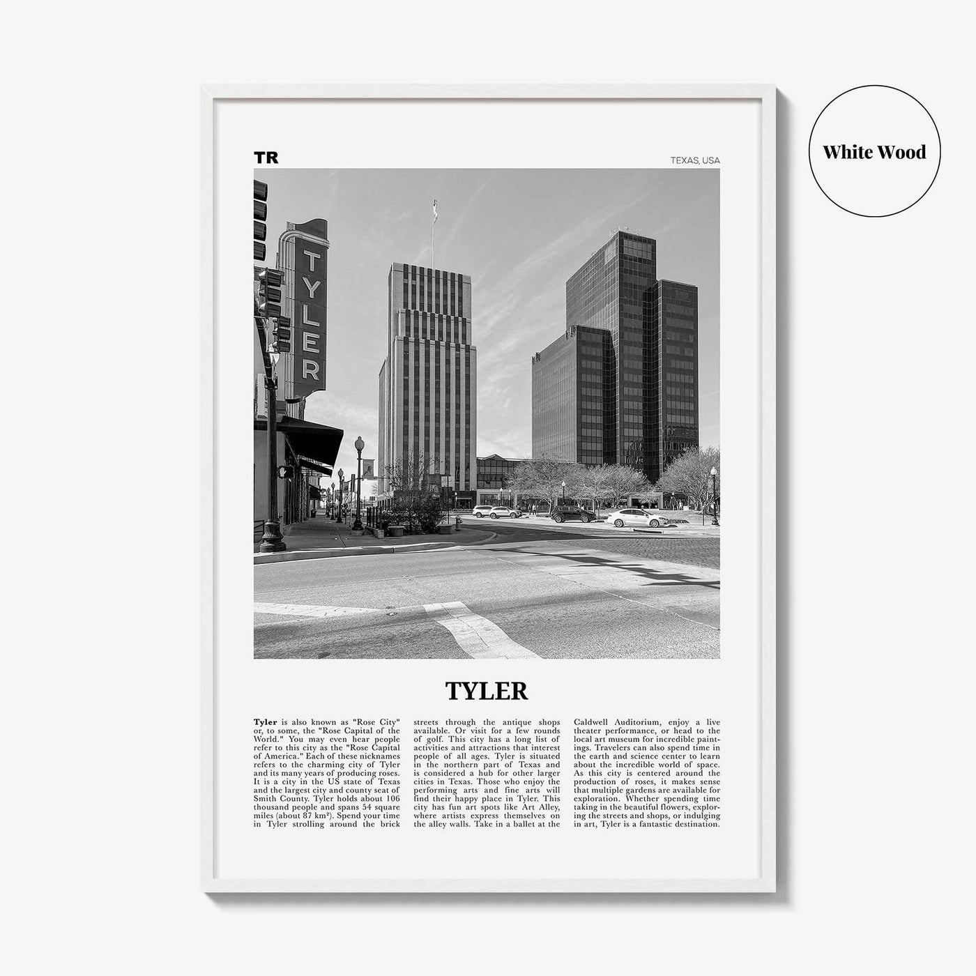 Tyler Print Black and White, Tyler Wall Art, Tyler Poster, Tyler Photo, Tyler Wall Décor, Tyler Map, Texas, USA