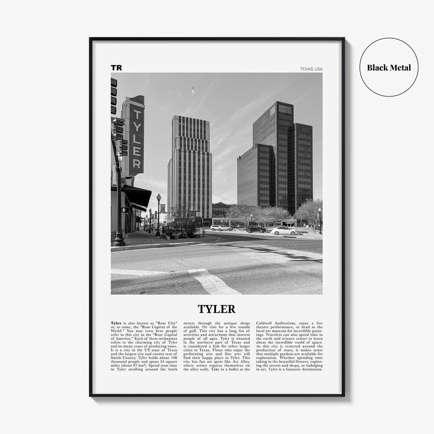 Tyler Print Black and White, Tyler Wall Art, Tyler Poster, Tyler Photo, Tyler Wall Décor, Tyler Map, Texas, USA
