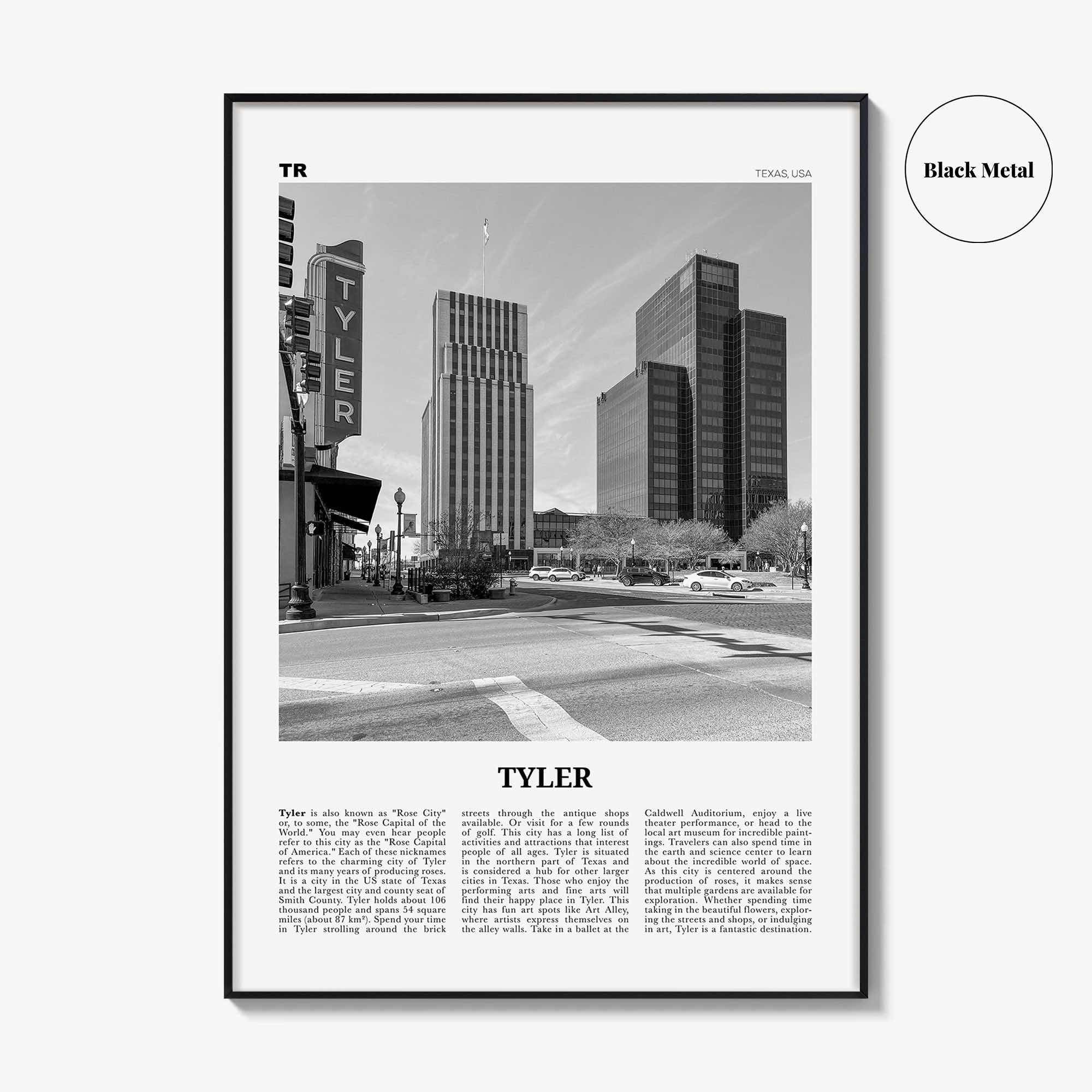 Tyler Print Black and White, Tyler Wall Art, Tyler Poster, Tyler Photo, Tyler Wall Décor, Tyler Map, Texas, USA