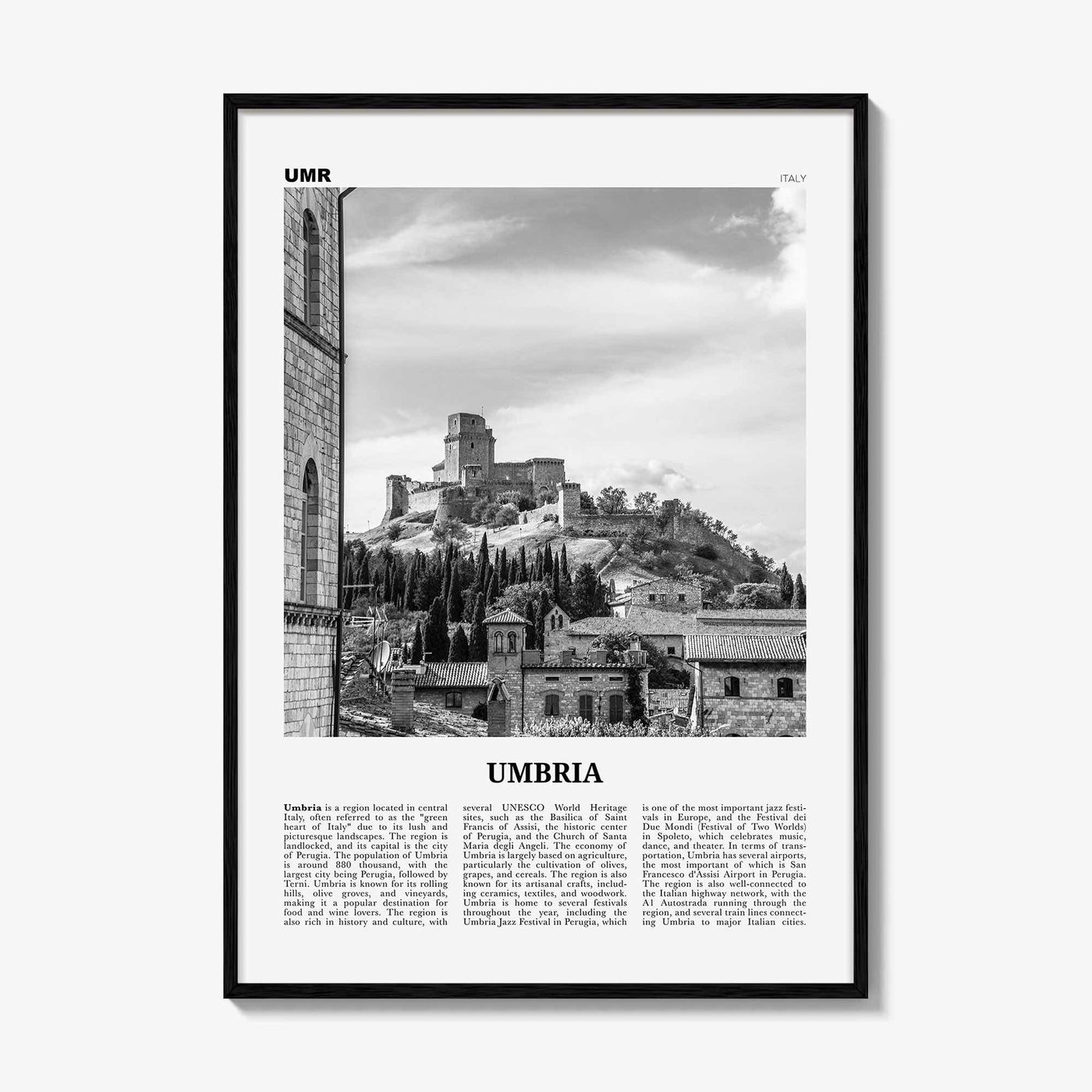 Umbria Print Black and White, Umbria Wall Art, Umbria Poster, Umbria Photo, Umbria Wall Décor, Umbria Map, Italy
