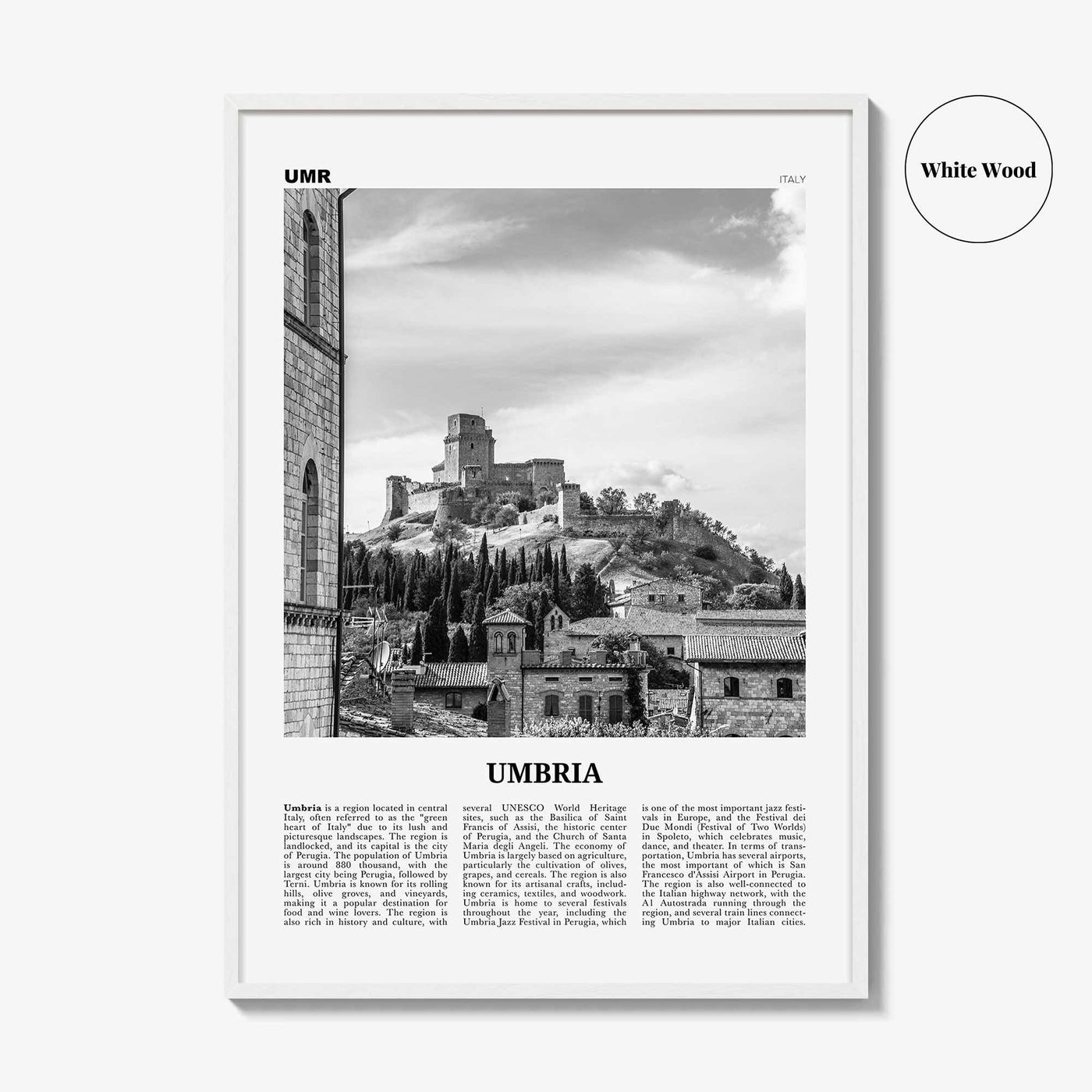 Umbria Print Black and White, Umbria Wall Art, Umbria Poster, Umbria Photo, Umbria Wall Décor, Umbria Map, Italy