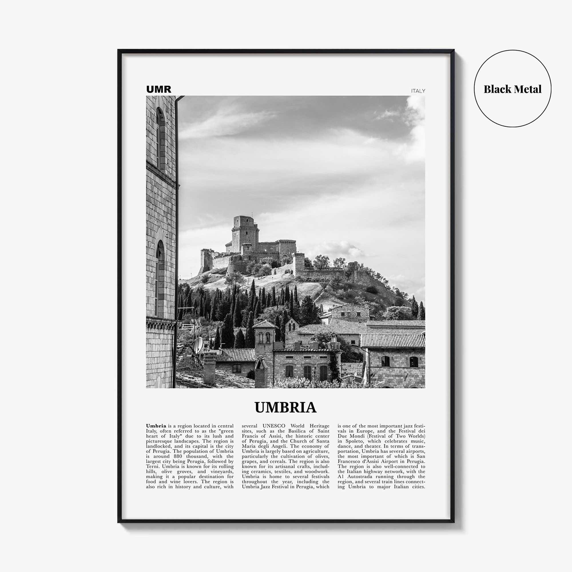 Umbria Print Black and White, Umbria Wall Art, Umbria Poster, Umbria Photo, Umbria Wall Décor, Umbria Map, Italy