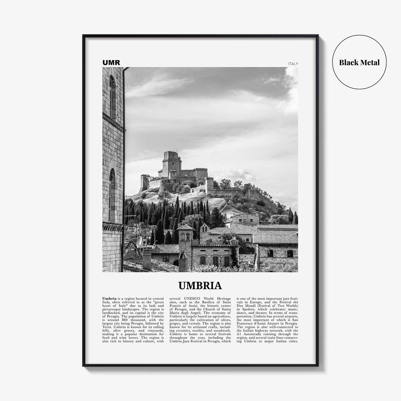 Umbria Print Black and White, Umbria Wall Art, Umbria Poster, Umbria Photo, Umbria Wall Décor, Umbria Map, Italy