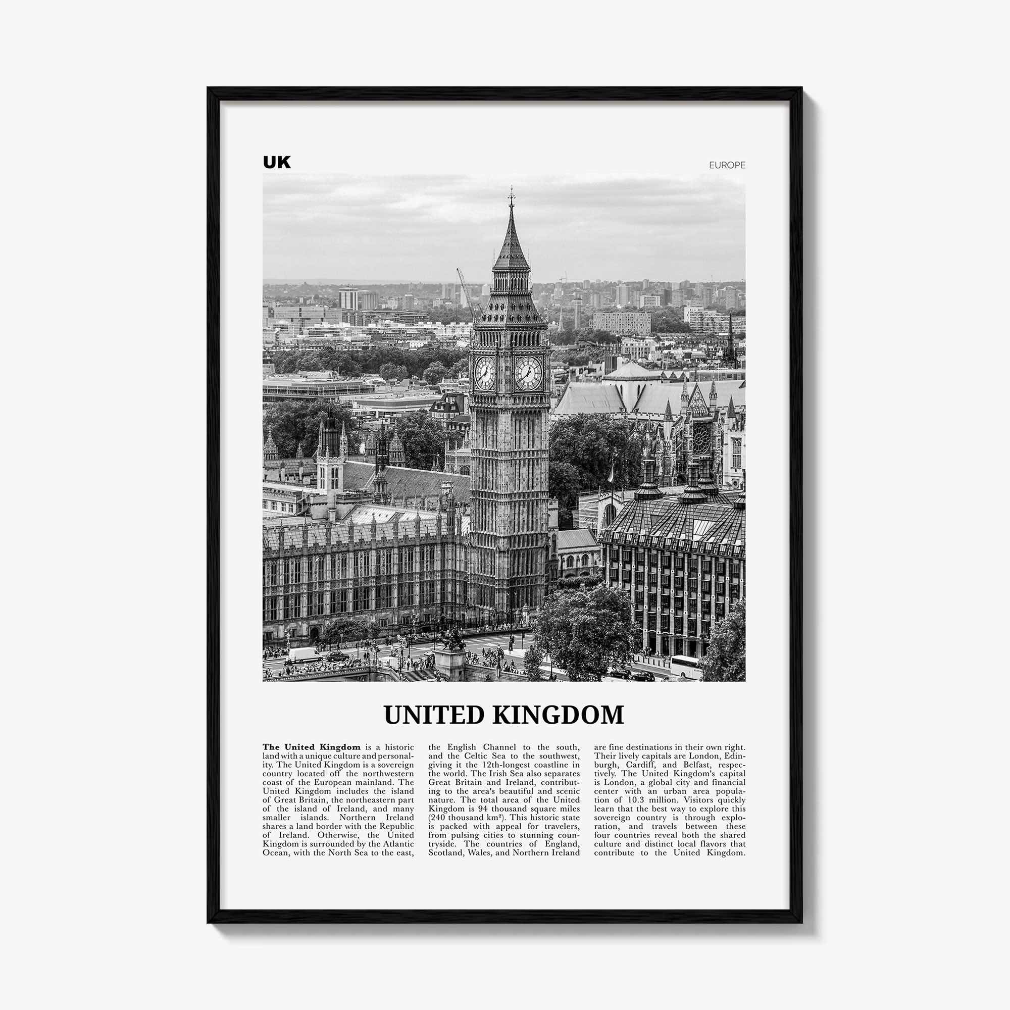 United Kingdom Print Black and White No 1, United Kingdom Wall Art, United Kingdom Poster, UK, Great Britain, England, Ireland, Scotland