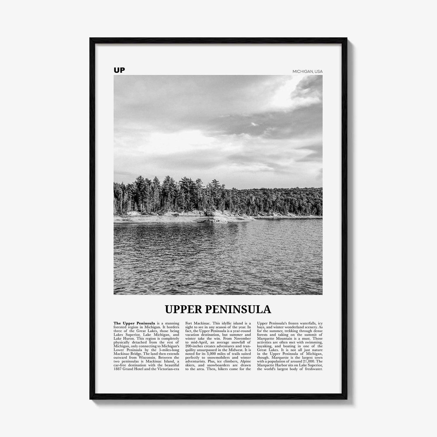 Upper Peninsula Print Black and White, Upper Peninsula Wall Art, Upper Peninsula Poster, Upper Peninsula Photo, Upper Peninsula Map Michigan