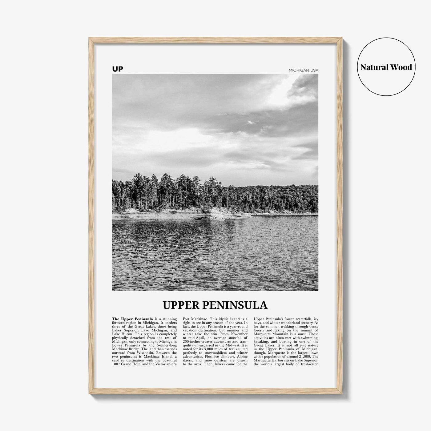 Upper Peninsula Print Black and White, Upper Peninsula Wall Art, Upper Peninsula Poster, Upper Peninsula Photo, Upper Peninsula Map Michigan