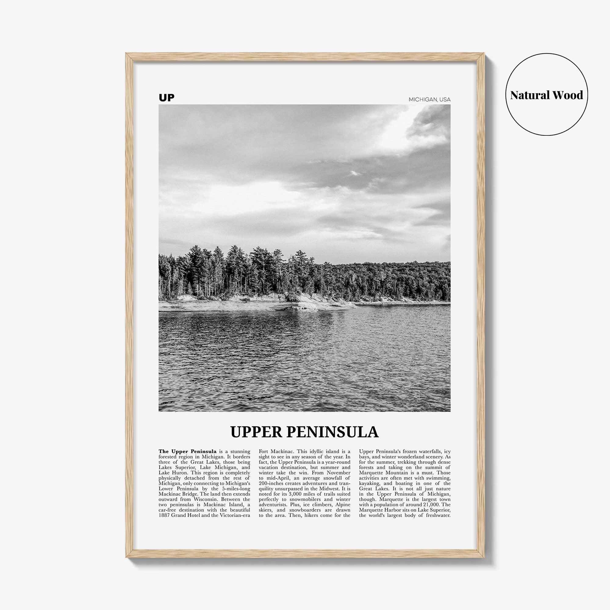Upper Peninsula Print Black and White, Upper Peninsula Wall Art, Upper Peninsula Poster, Upper Peninsula Photo, Upper Peninsula Map Michigan