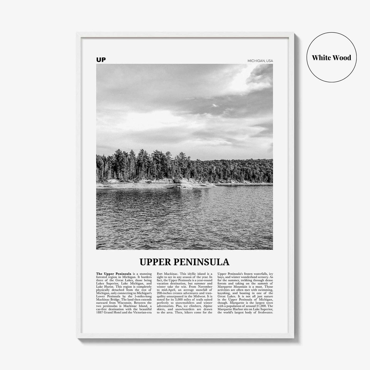 Upper Peninsula Print Black and White, Upper Peninsula Wall Art, Upper Peninsula Poster, Upper Peninsula Photo, Upper Peninsula Map Michigan