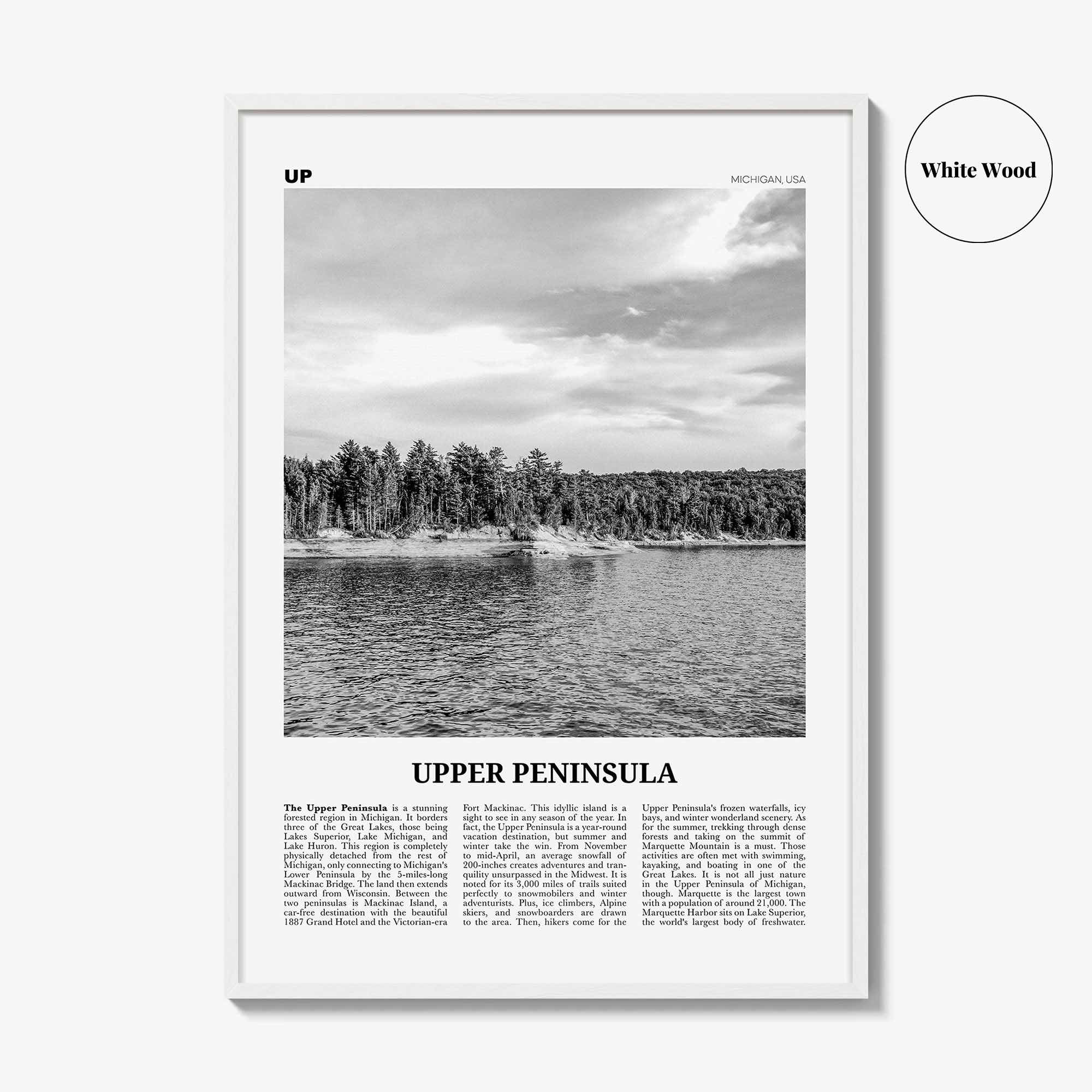 Upper Peninsula Print Black and White, Upper Peninsula Wall Art, Upper Peninsula Poster, Upper Peninsula Photo, Upper Peninsula Map Michigan